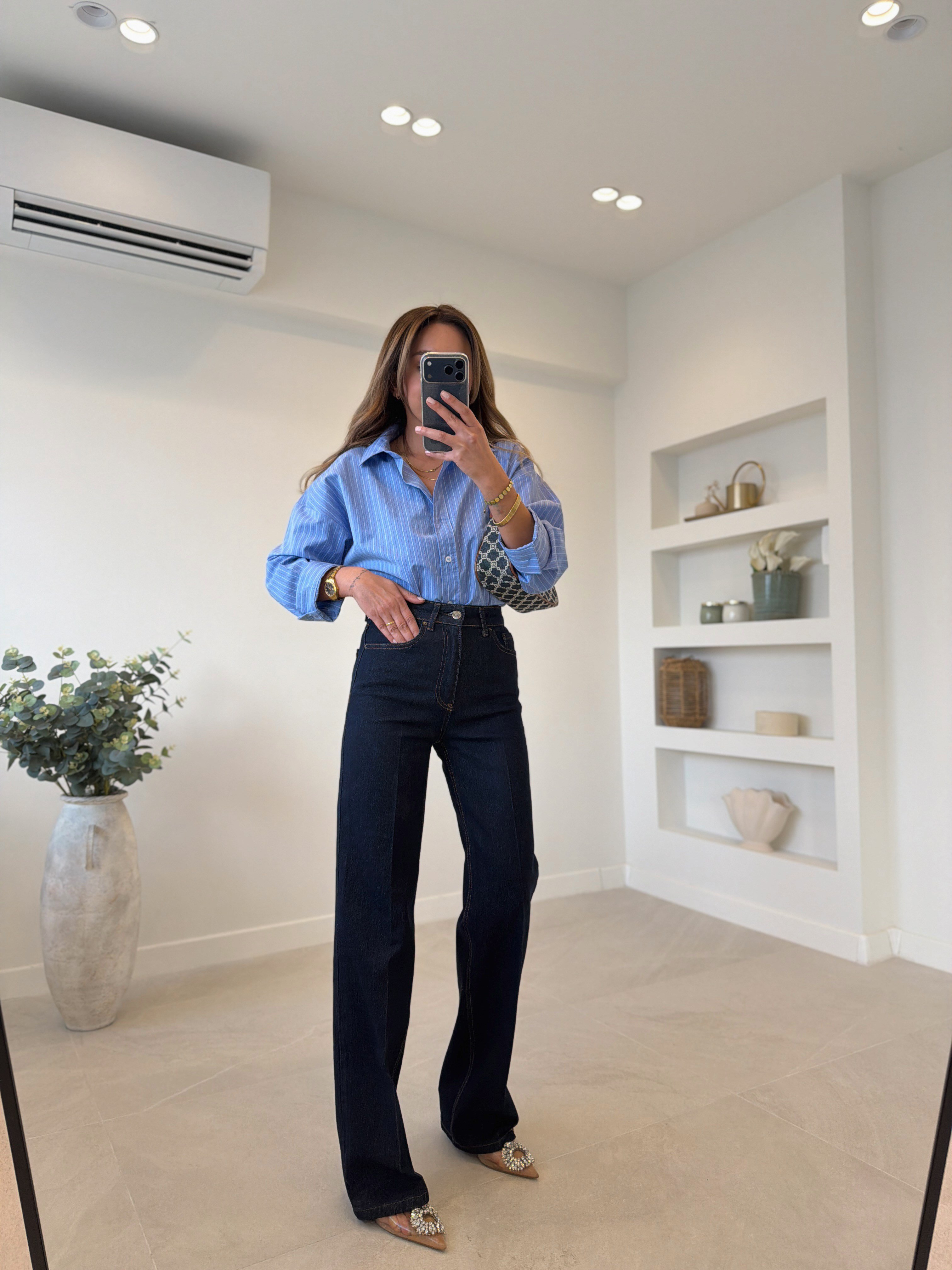 RM1005 Rins Yıkama Önü Çizgili Wide Leg Jean