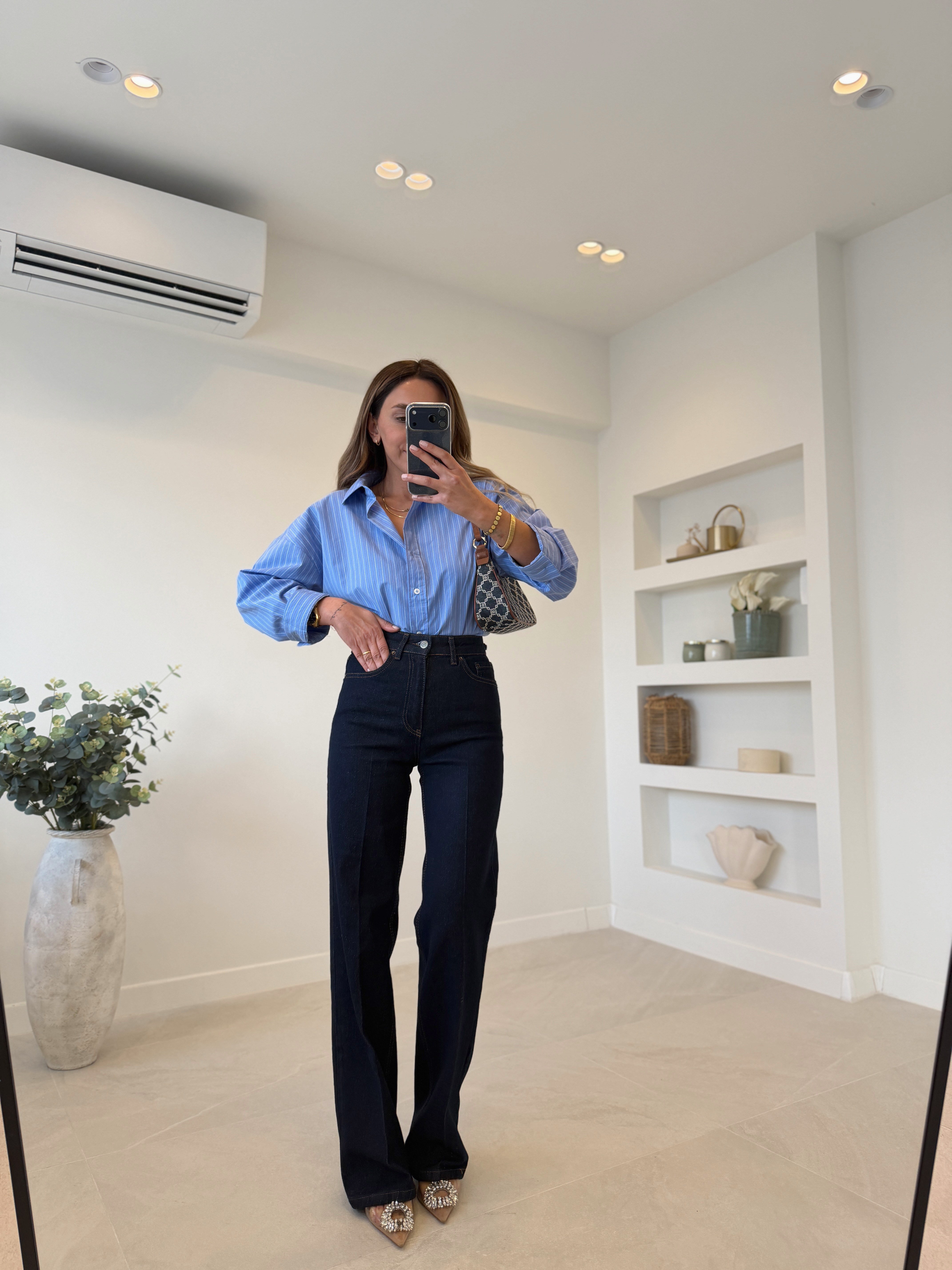 RM1005 Rins Yıkama Önü Çizgili Wide Leg Jean