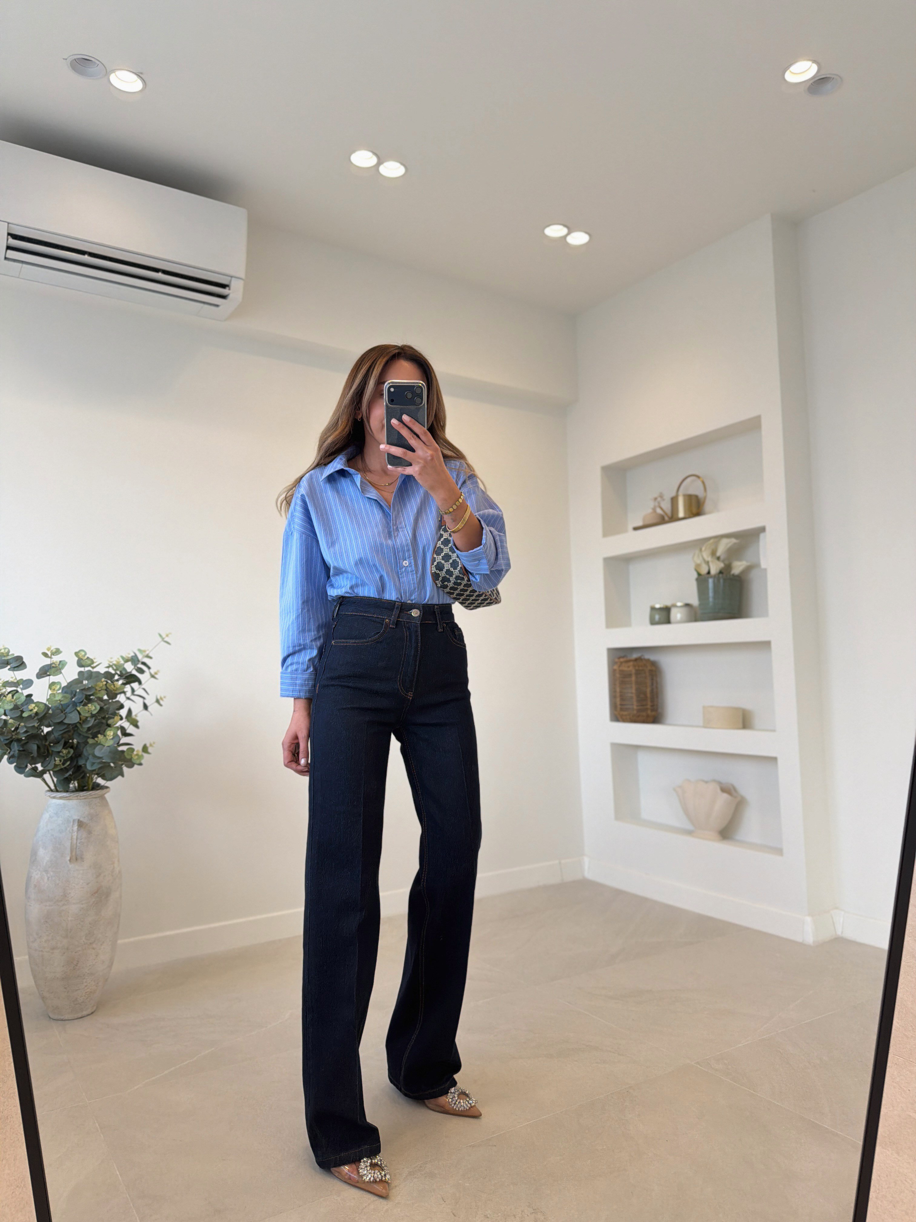RM1005 Rins Yıkama Önü Çizgili Wide Leg Jean