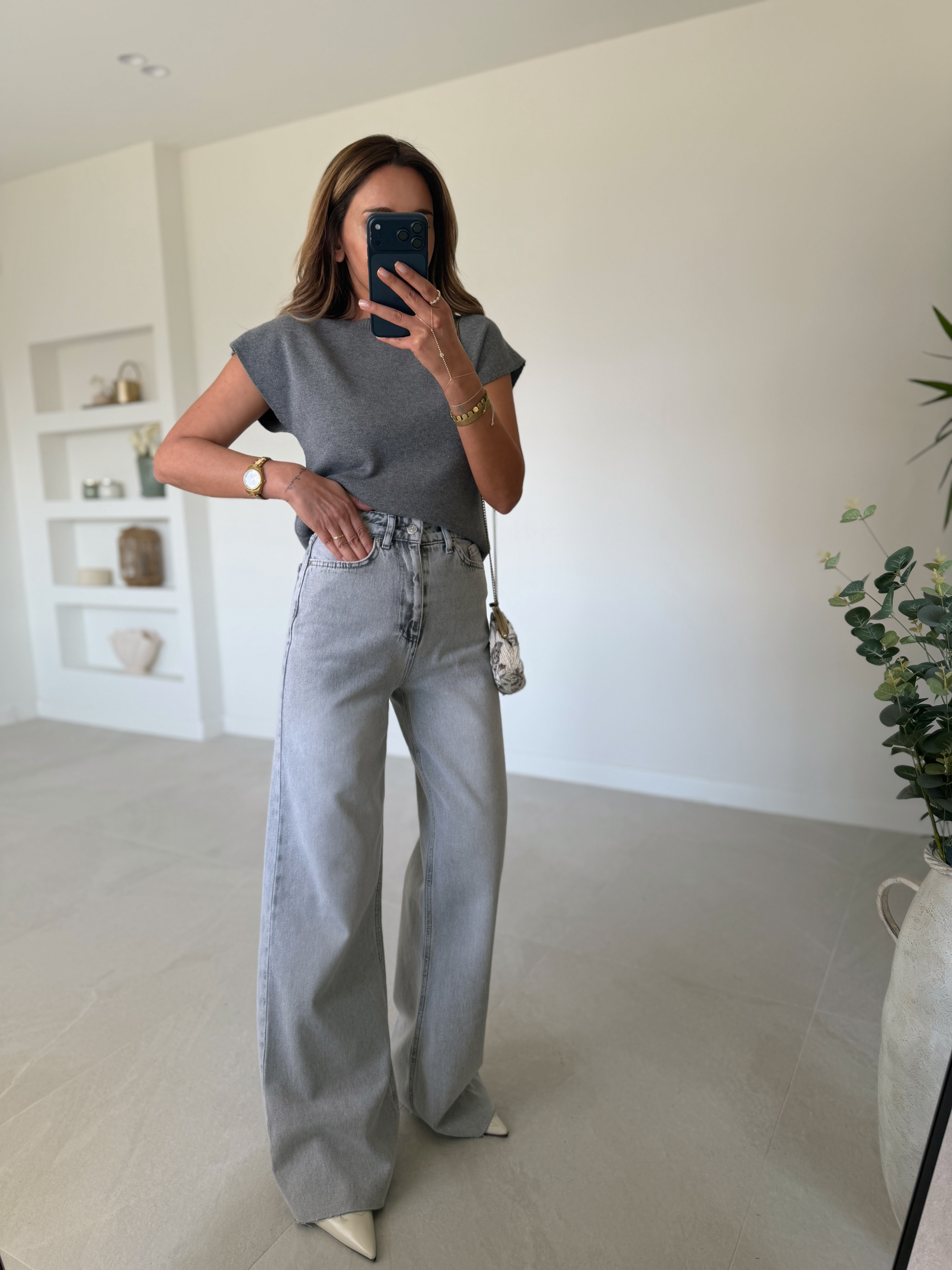 RM1011 Açık Gri Wide Leg Jean