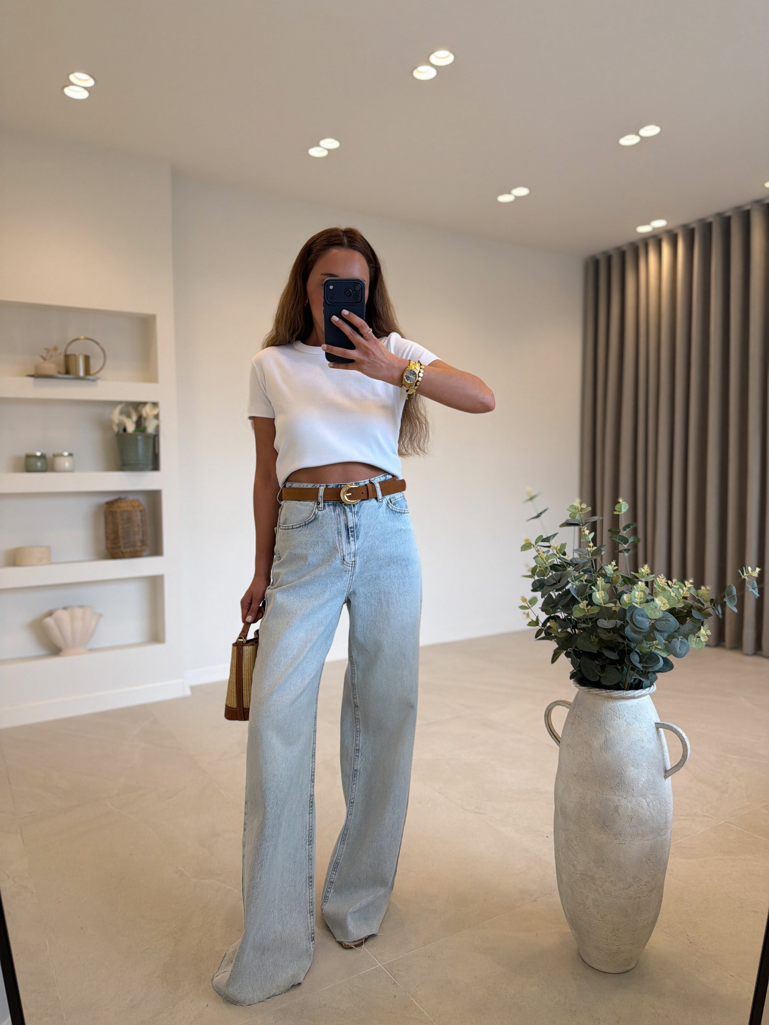 RM1011 Açık Mavi Kar Yıkama Wide Leg Jean
