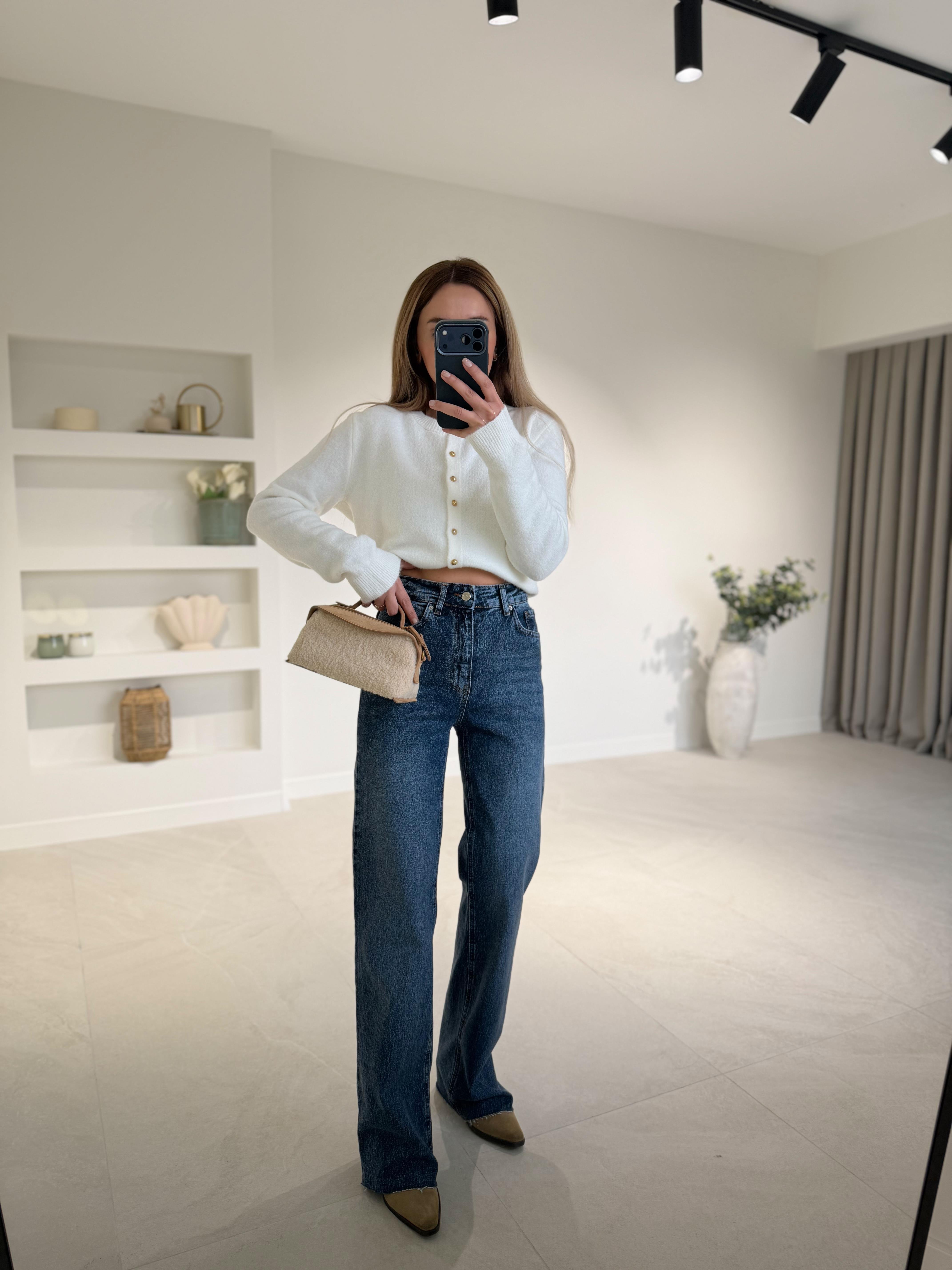 RM1029 Koyu Mavi Kar Yıkama Wide Leg Jean