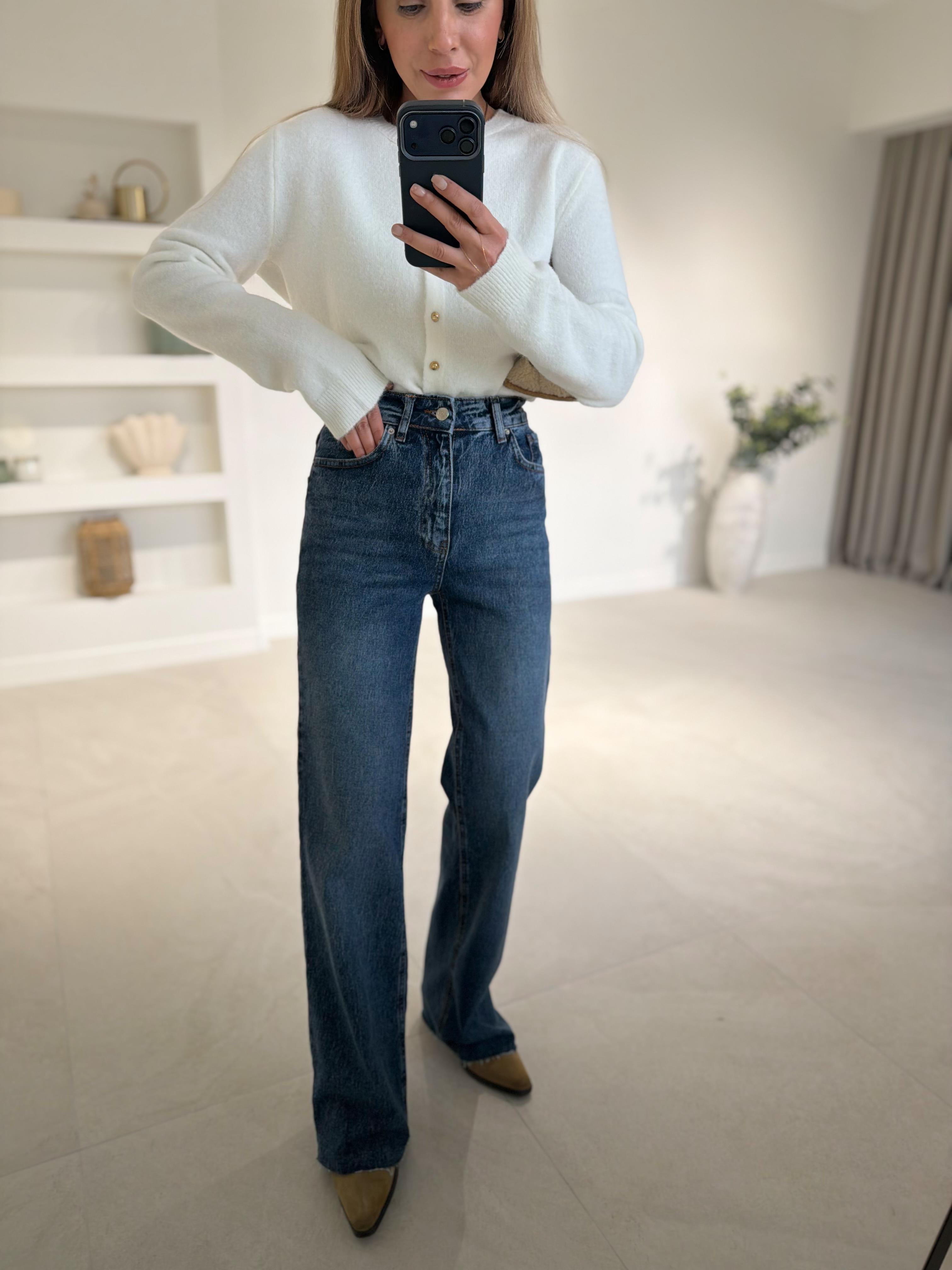 RM1029 Koyu Mavi Kar Yıkama Wide Leg Jean