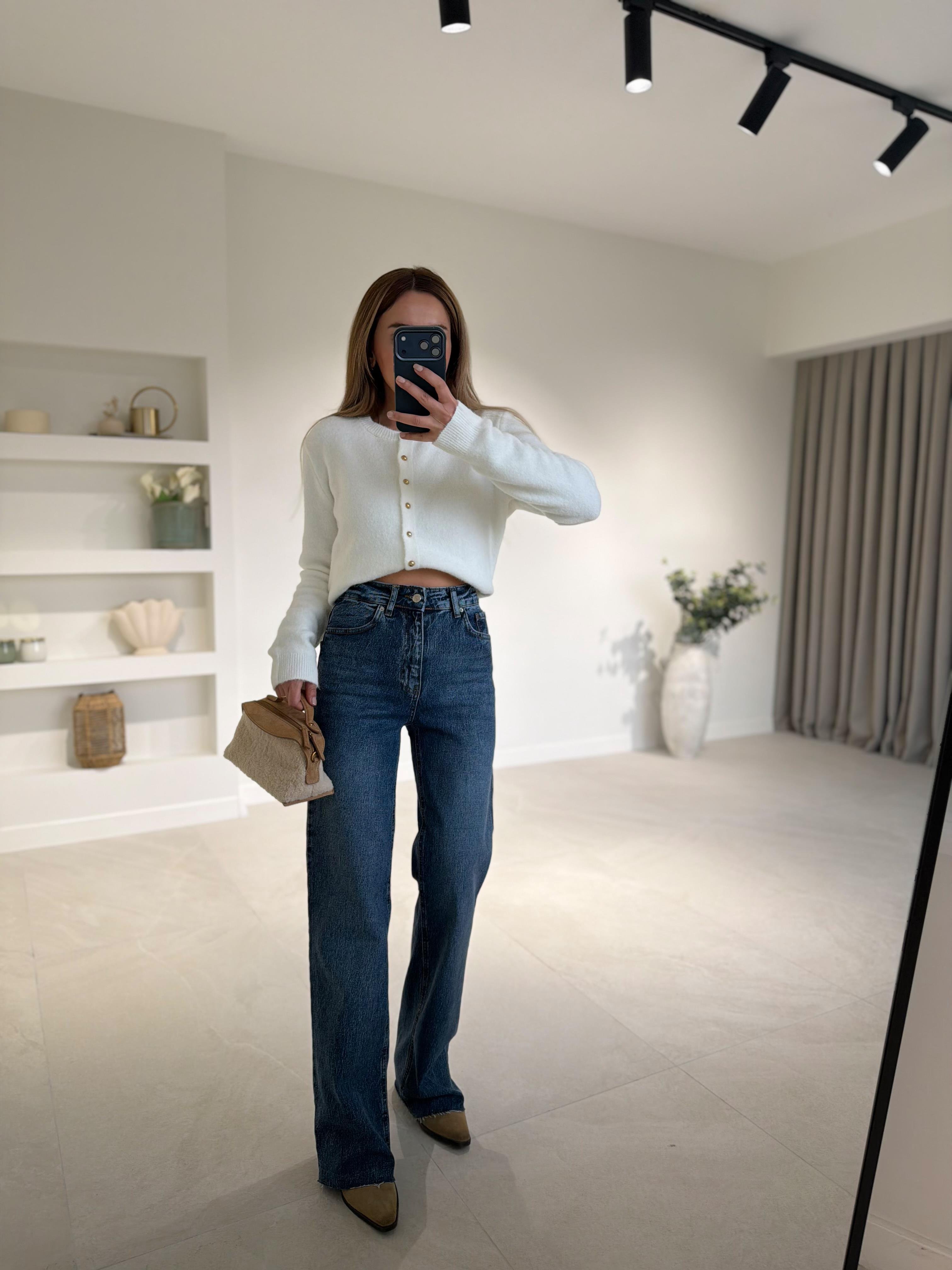 RM1029 Koyu Mavi Kar Yıkama Wide Leg Jean