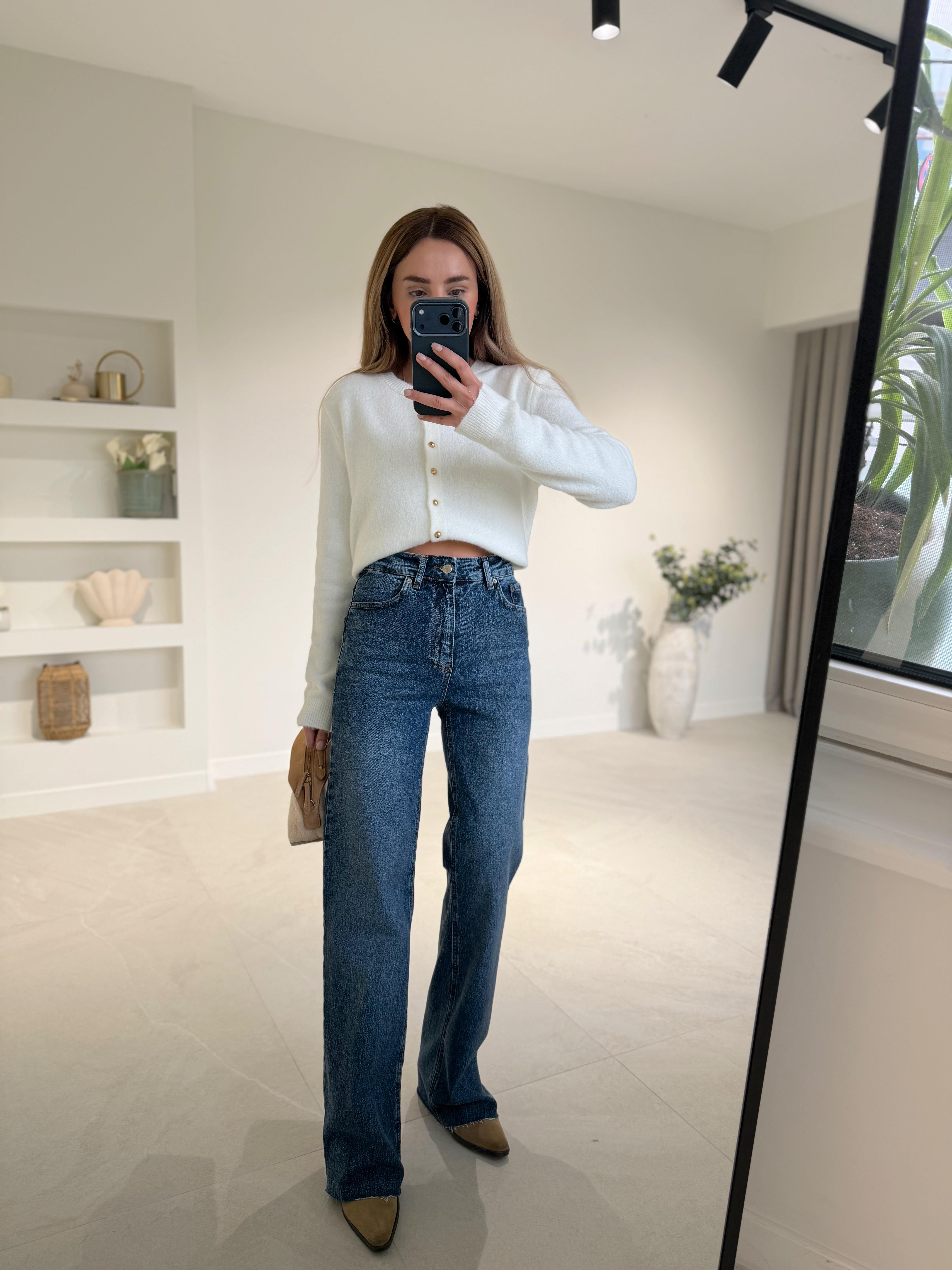 RM1029 Koyu Mavi Kar Yıkama Wide Leg Jean