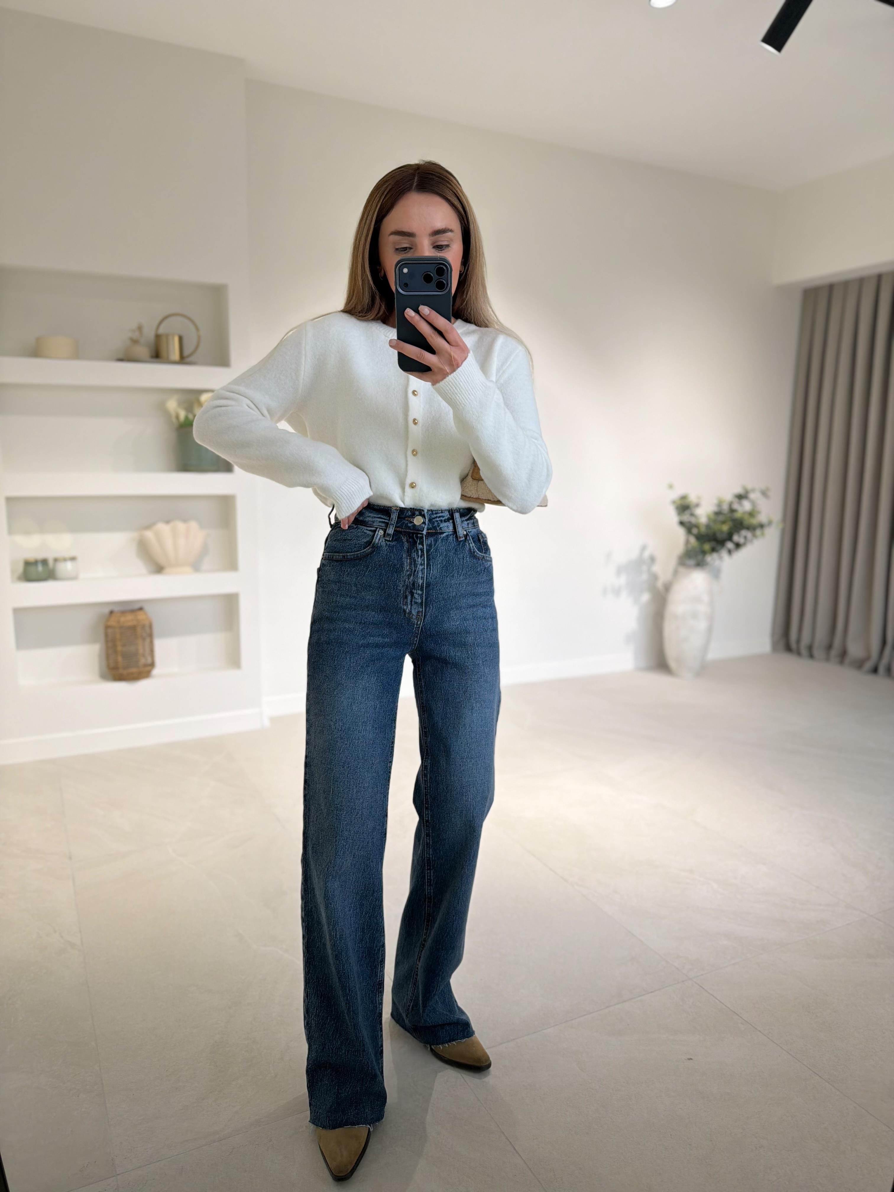 RM1029 Koyu Mavi Kar Yıkama Wide Leg Jean