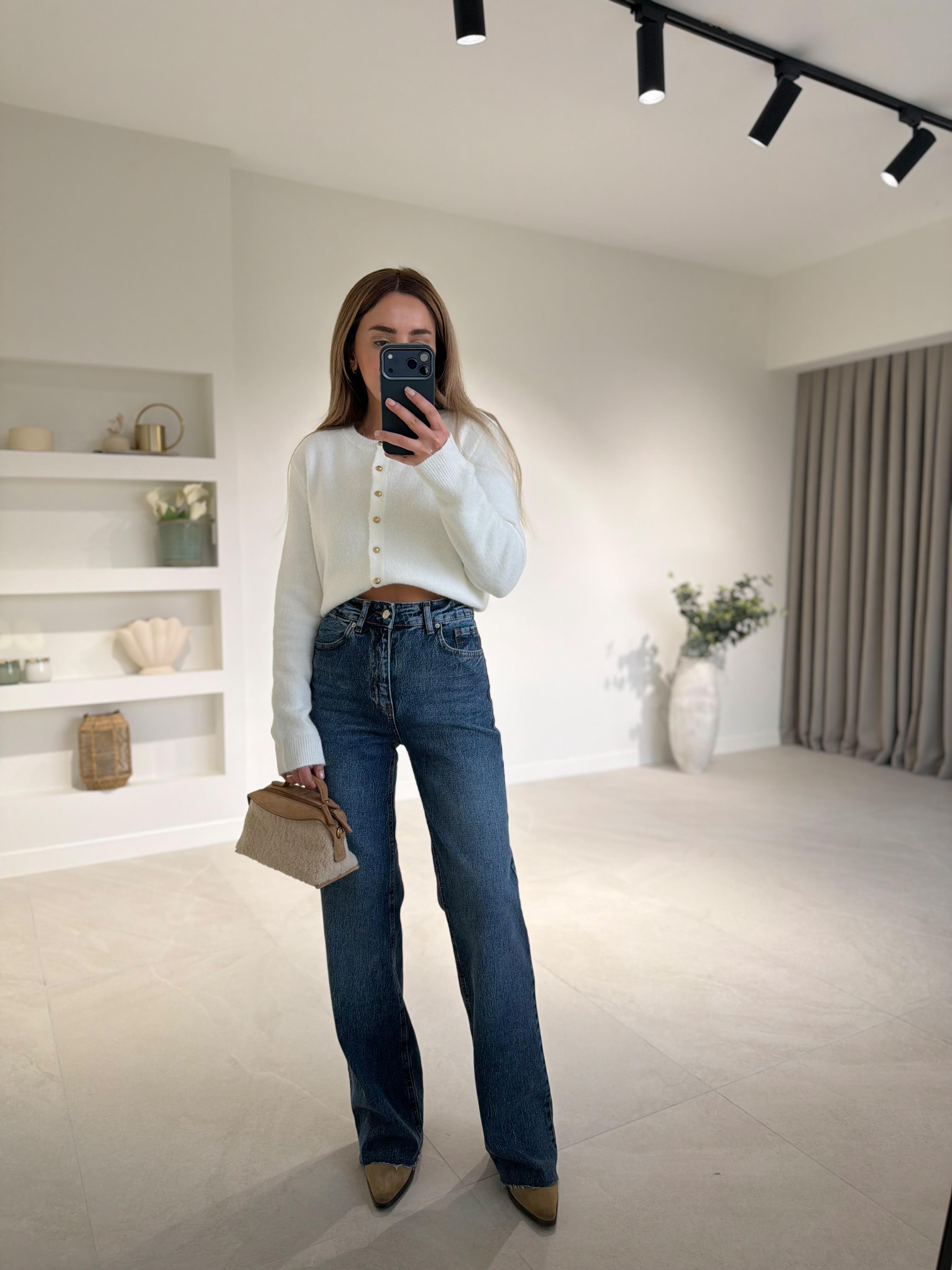 RM1029 Koyu Mavi Kar Yıkama Wide Leg Jean