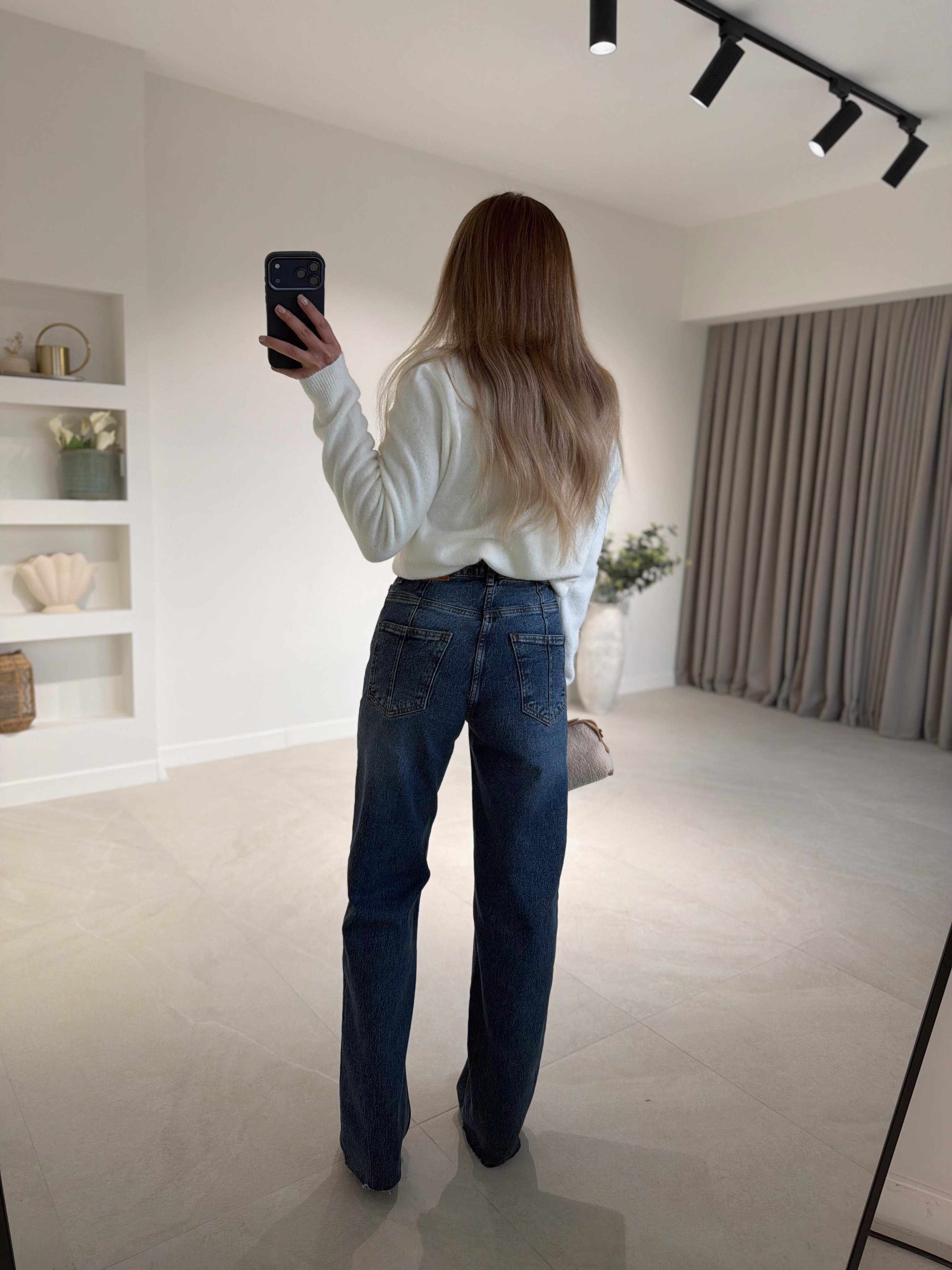 RM1029 Koyu Mavi Kar Yıkama Wide Leg Jean