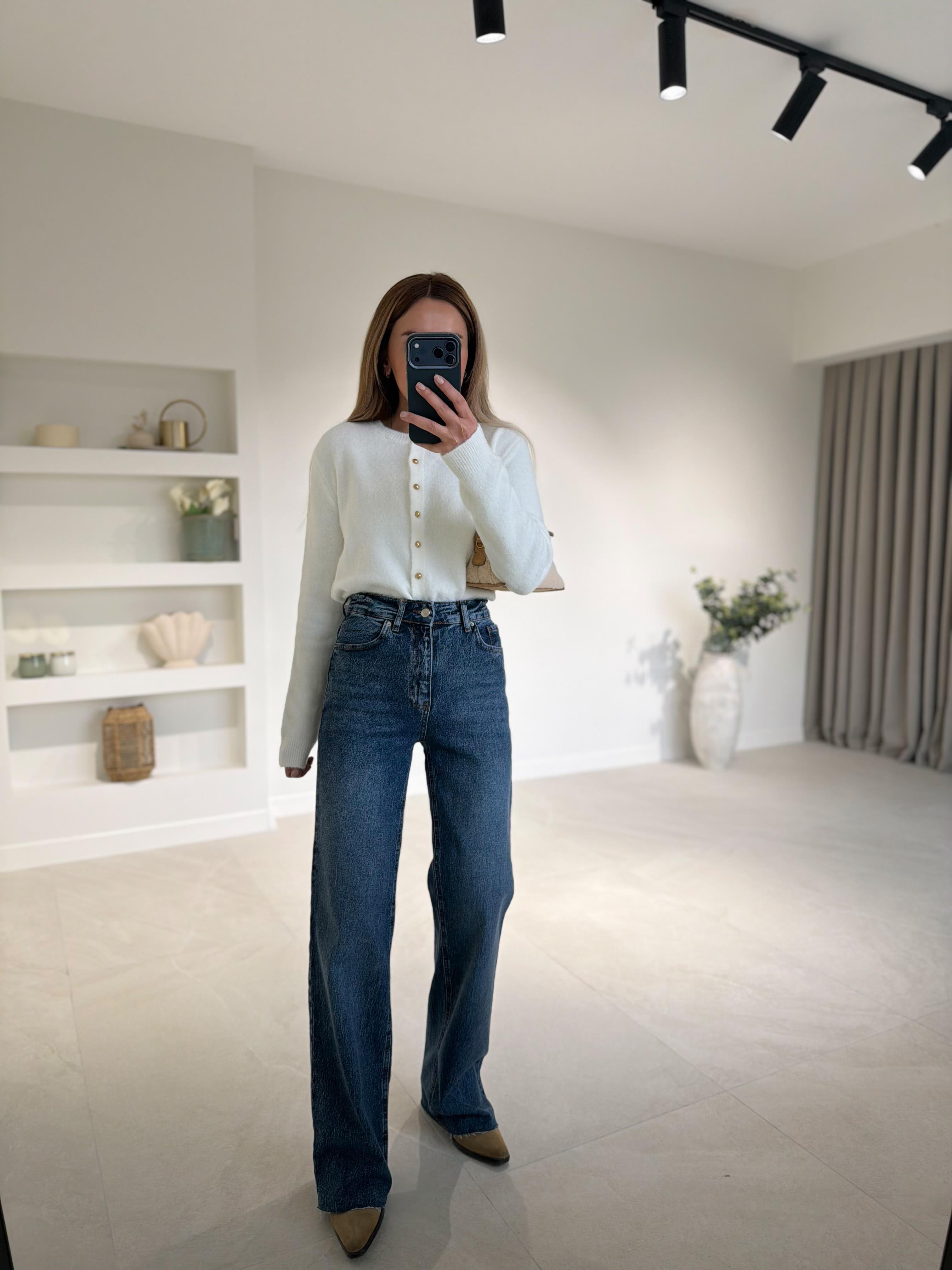 RM1029 Koyu Mavi Kar Yıkama Wide Leg Jean