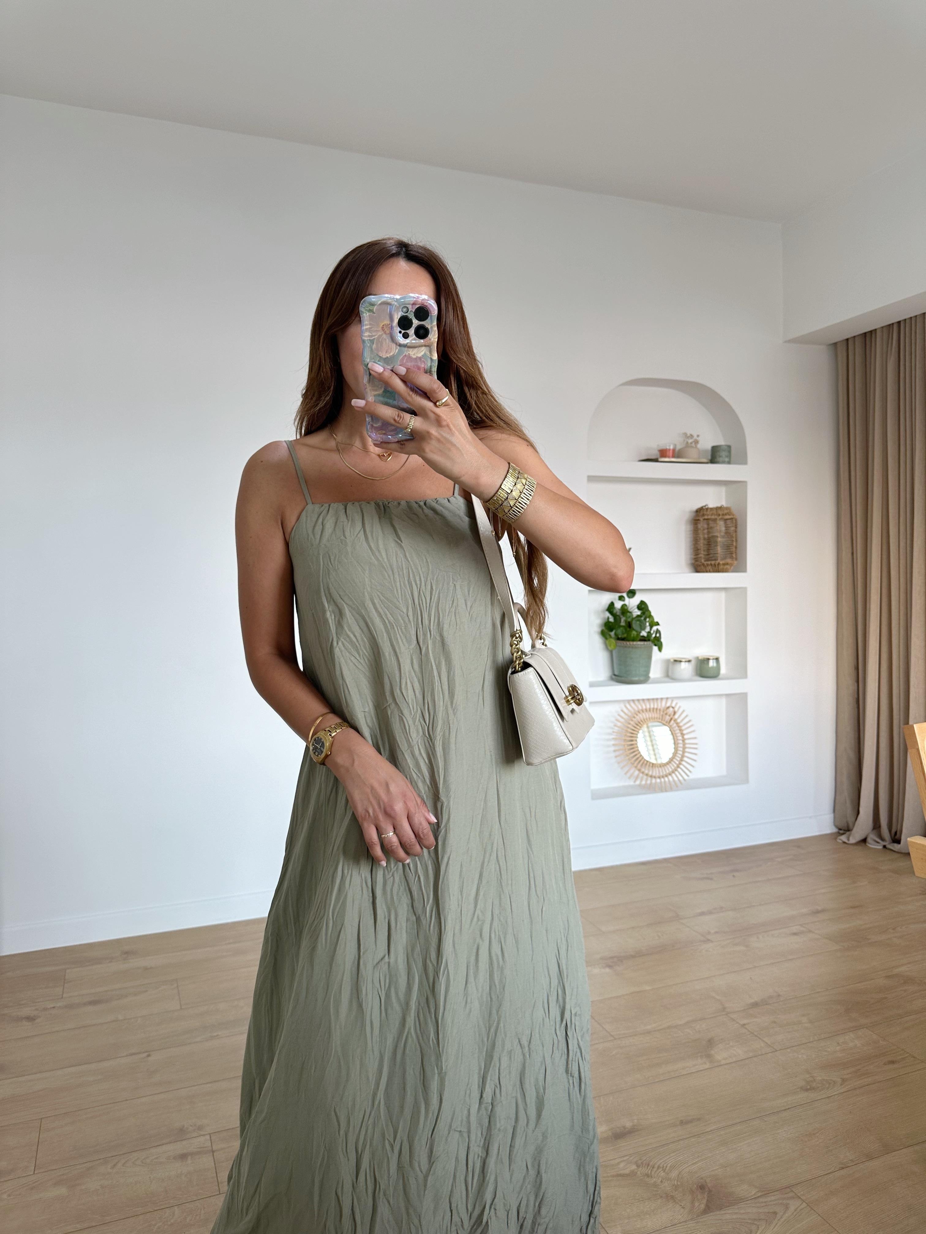 RUBY HAKİ KETEN ASKILARI AYARLANABİLİR ELBİSE