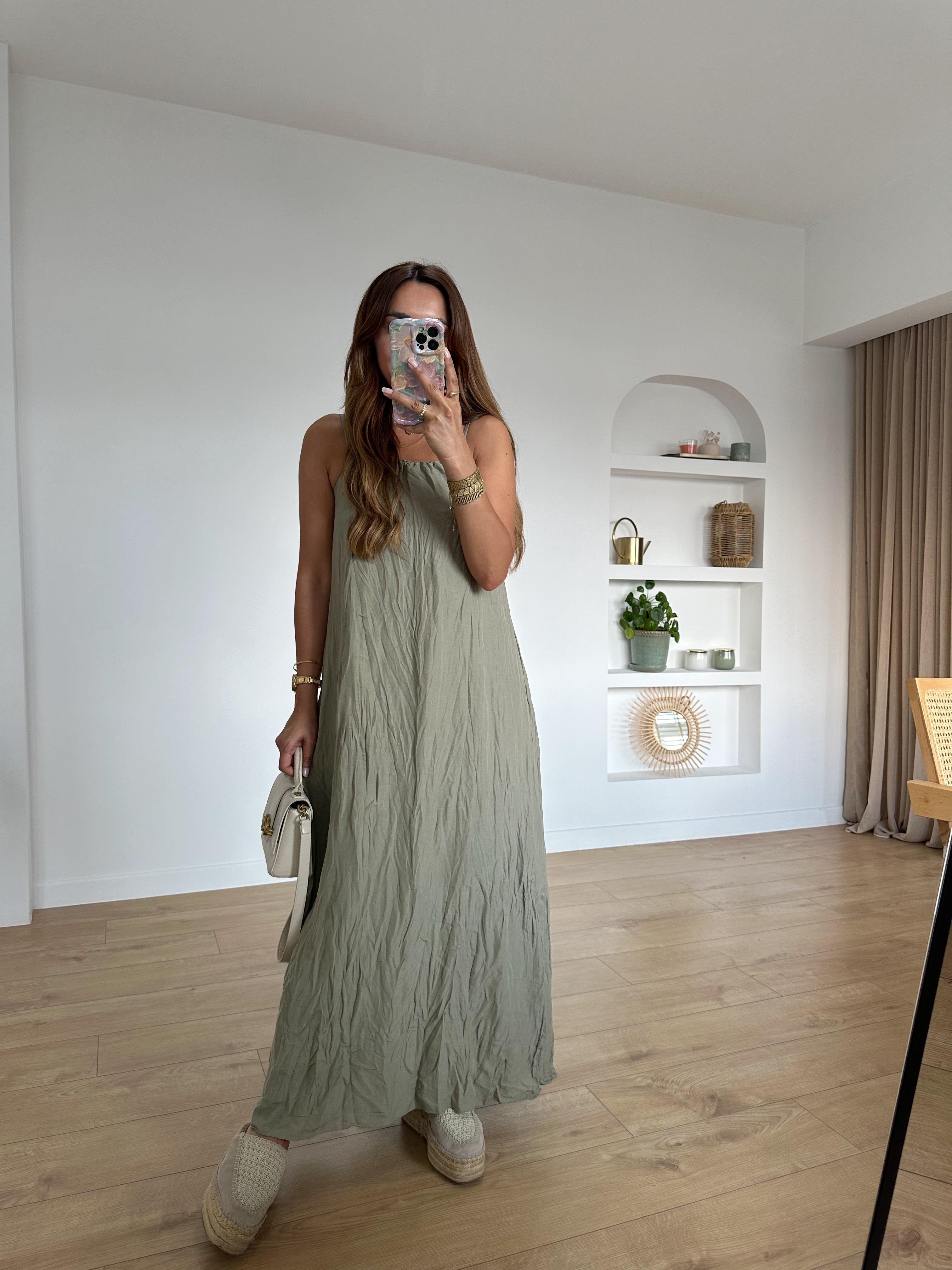 RUBY HAKİ KETEN ASKILARI AYARLANABİLİR ELBİSE