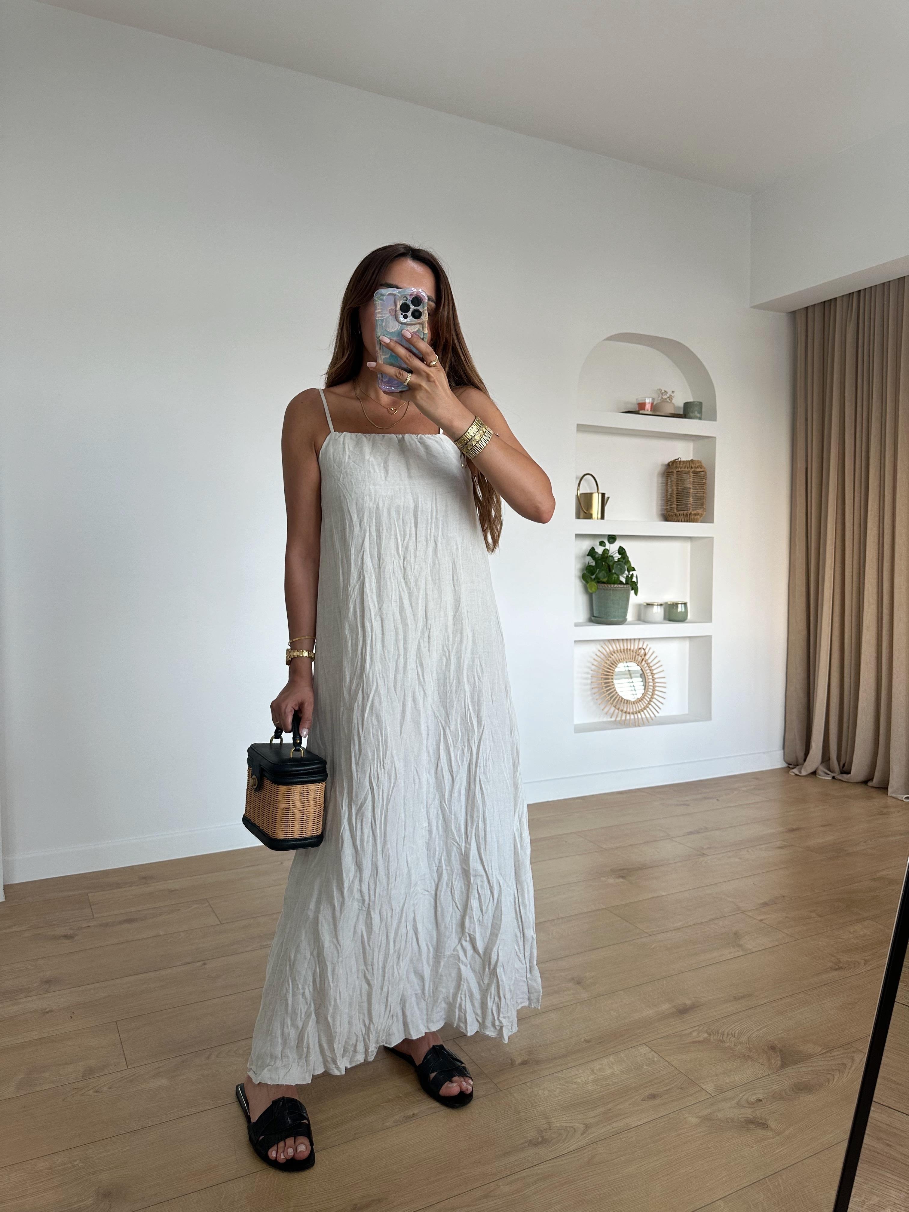 RUBY TAŞ RENGİ KETEN ASKILARI AYARLANABİLİR ELBİSE