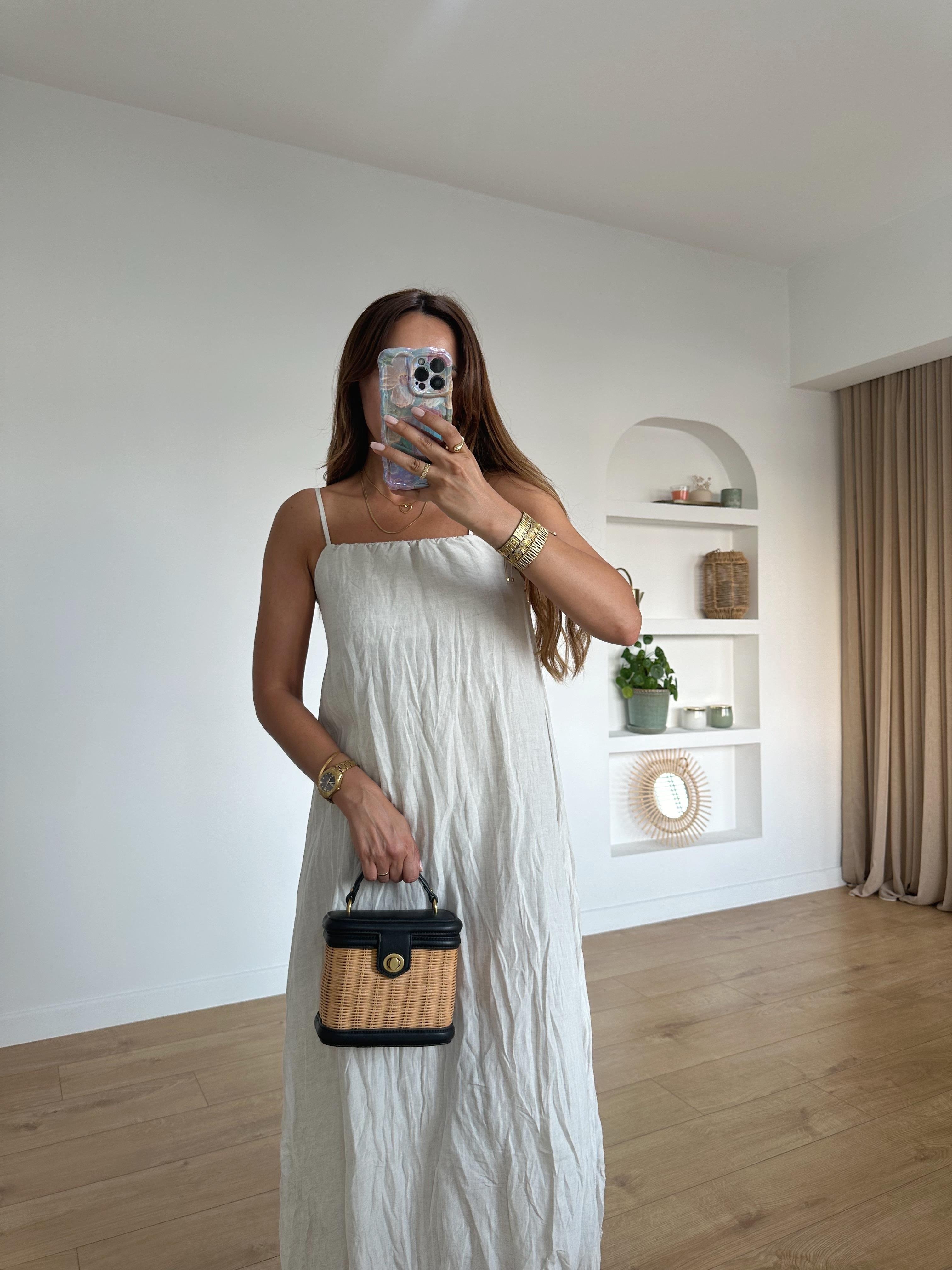 RUBY TAŞ RENGİ KETEN ASKILARI AYARLANABİLİR ELBİSE