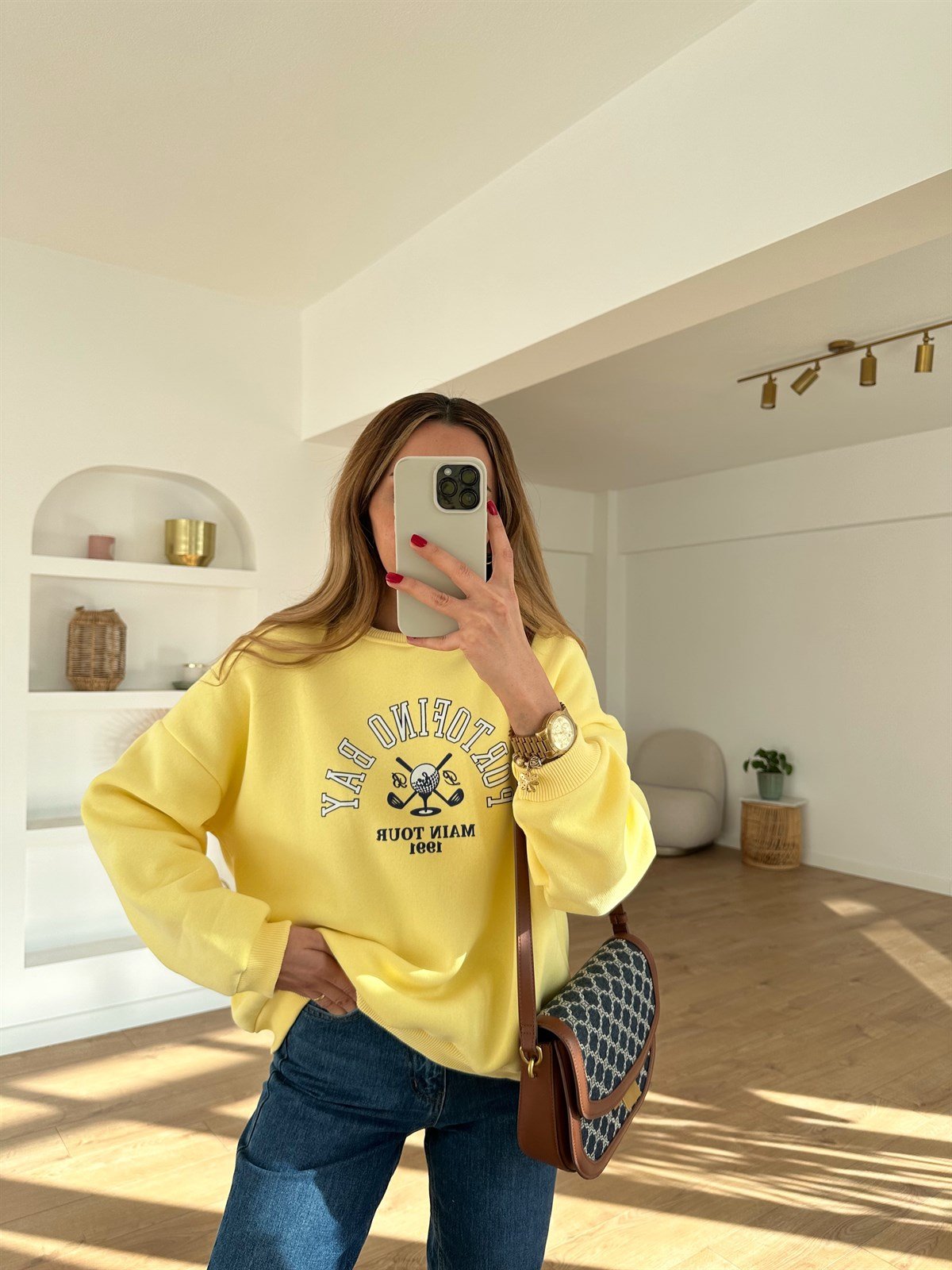 SARI BASKILI İÇİ POLARLI SWEAT