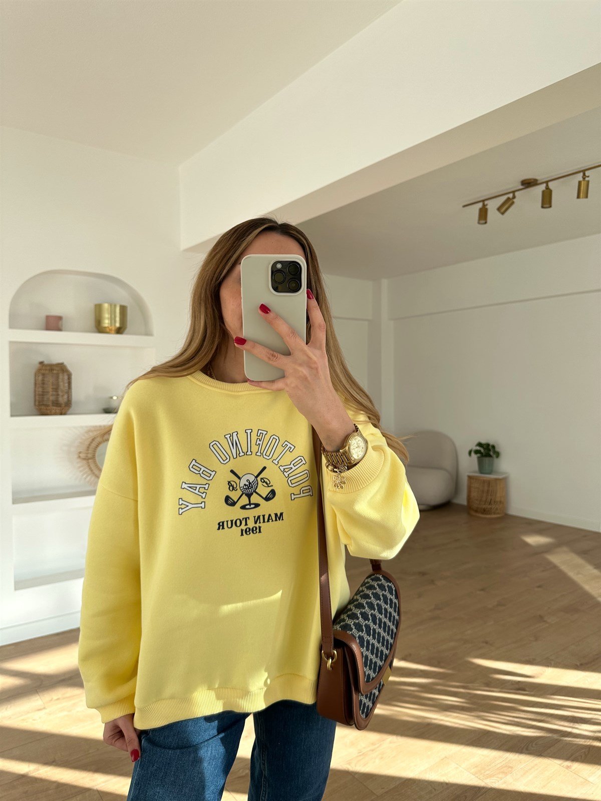 SARI BASKILI İÇİ POLARLI SWEAT