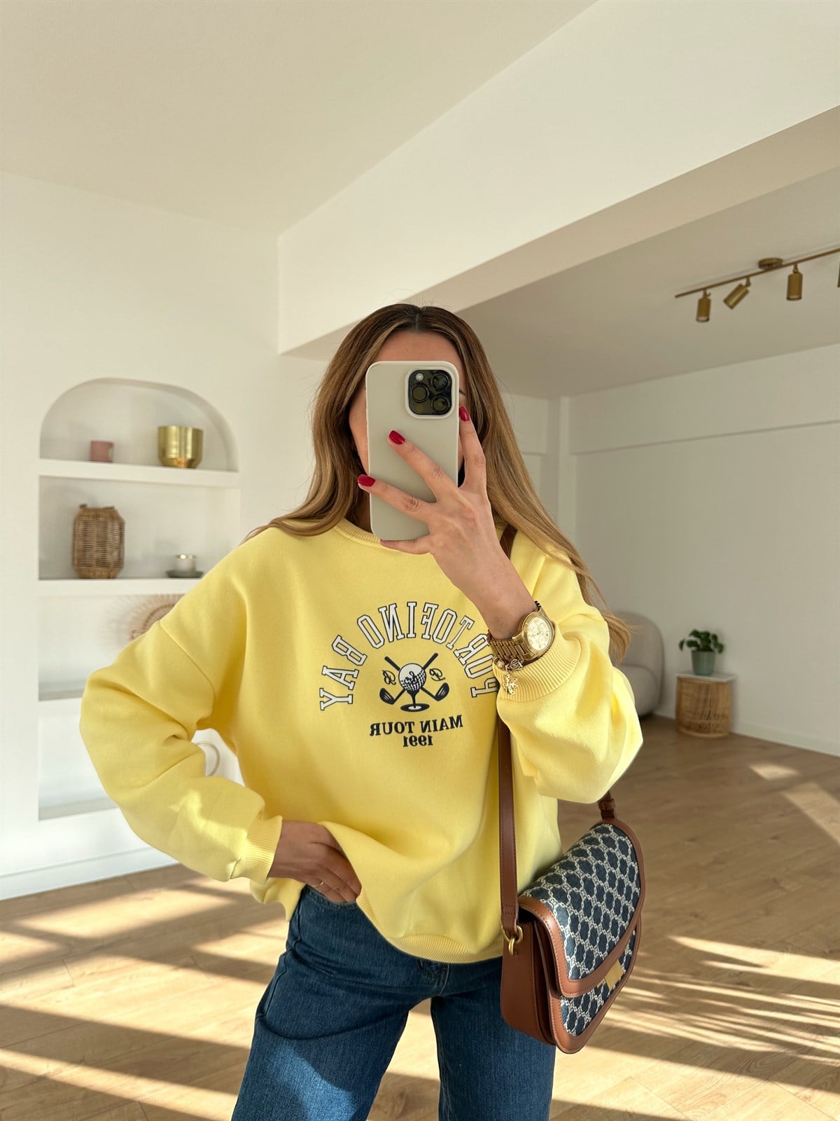 SARI BASKILI İÇİ POLARLI SWEAT
