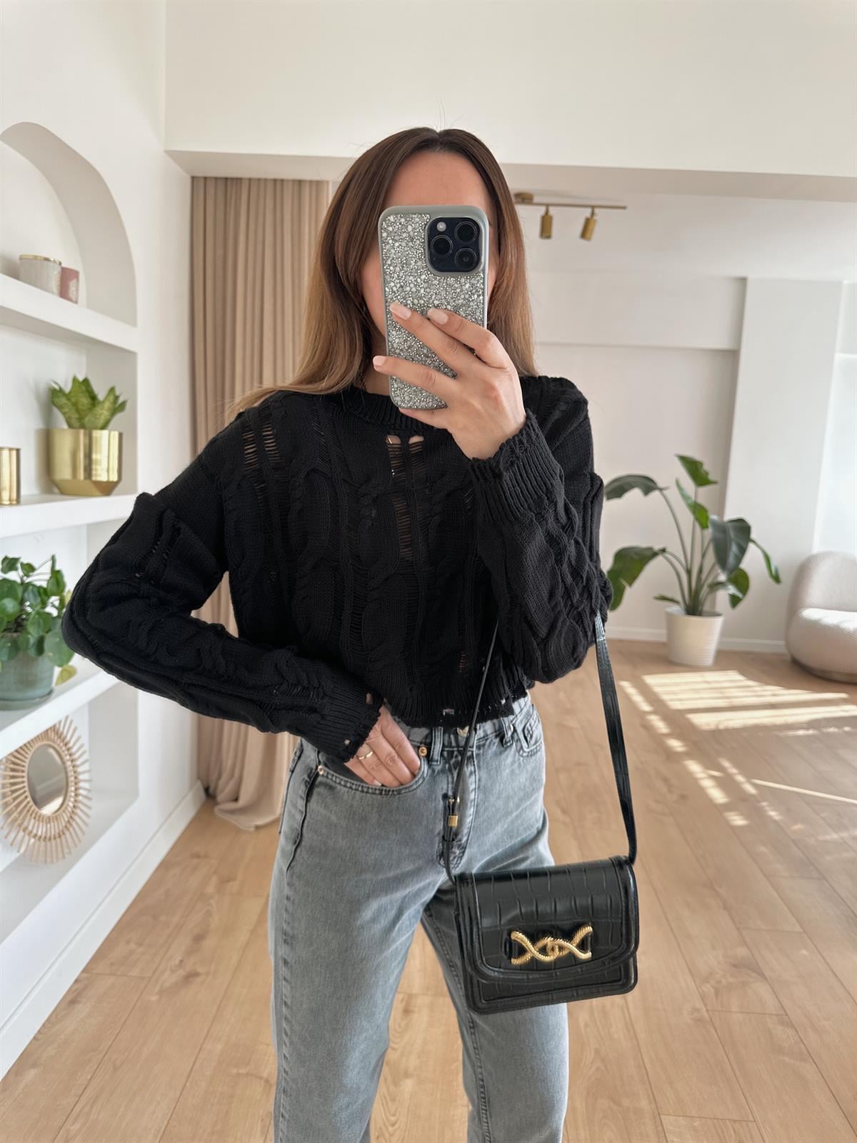 SİYAH AJURLU CROP TRİKO