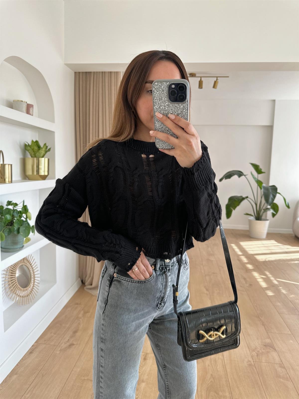 SİYAH AJURLU CROP TRİKO