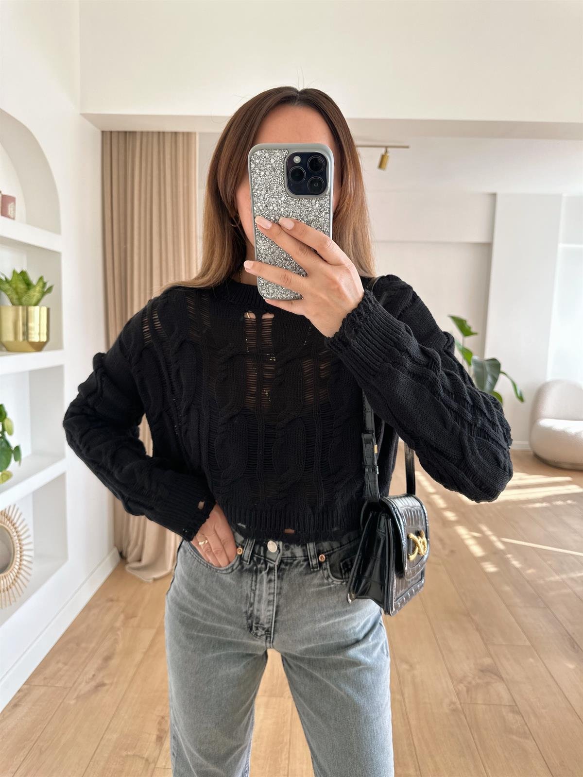 SİYAH AJURLU CROP TRİKO