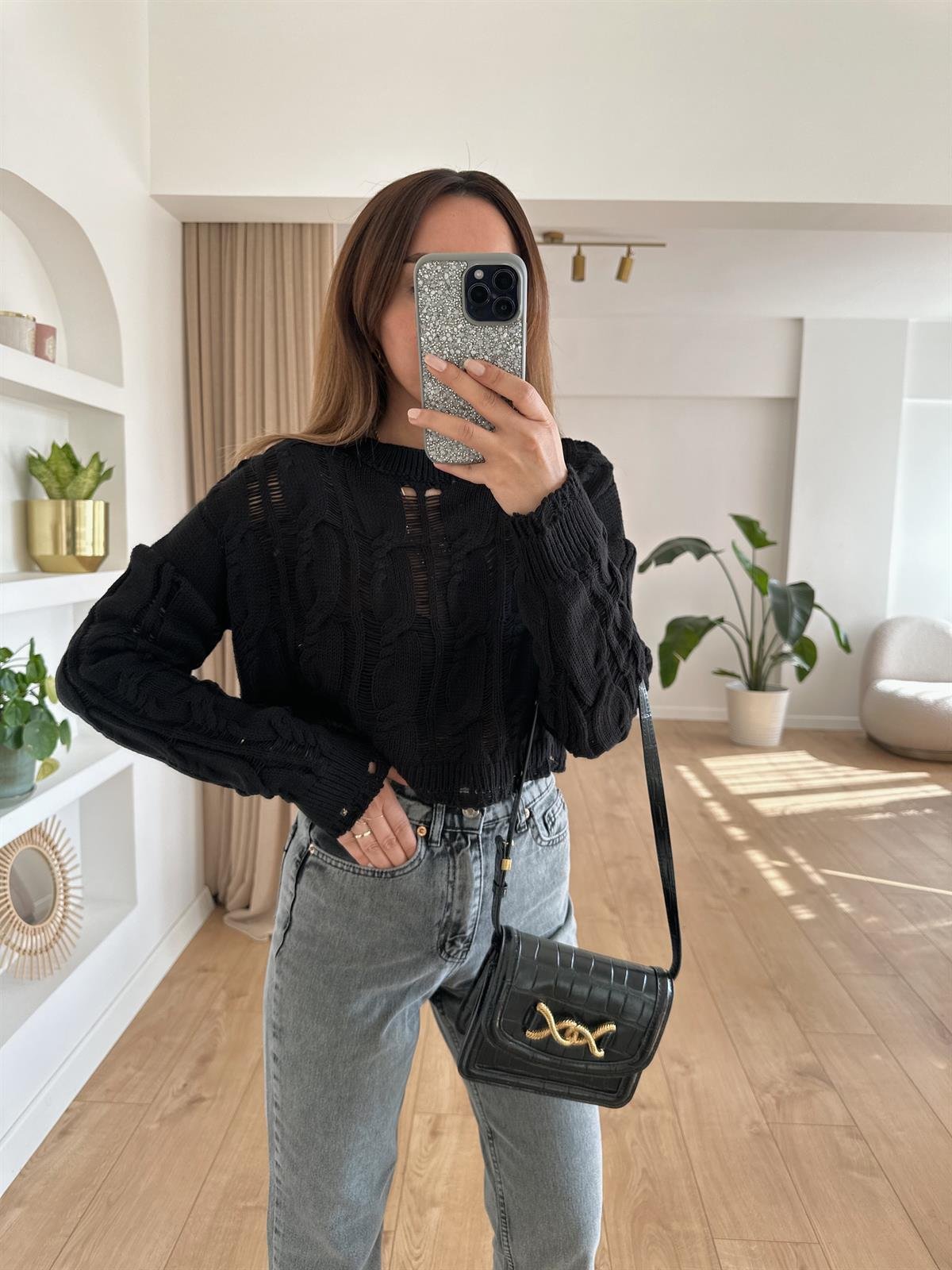 SİYAH AJURLU CROP TRİKO
