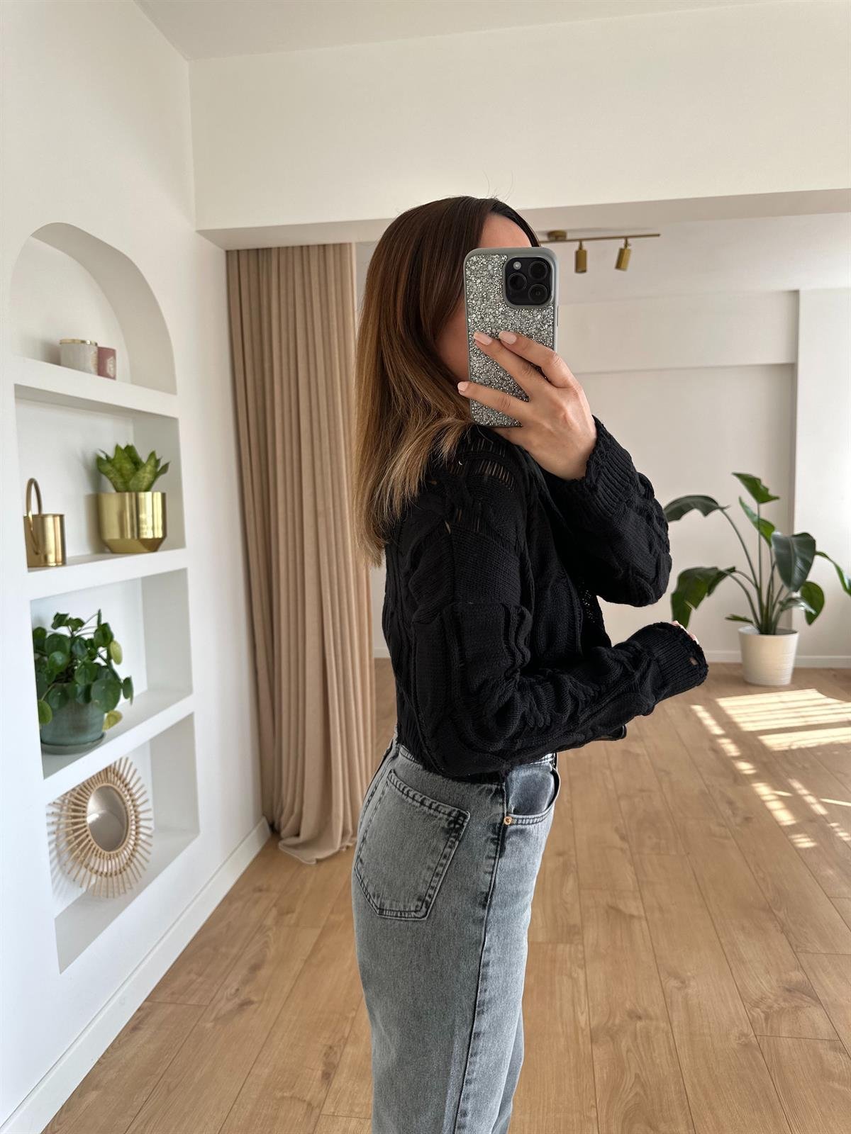 SİYAH AJURLU CROP TRİKO