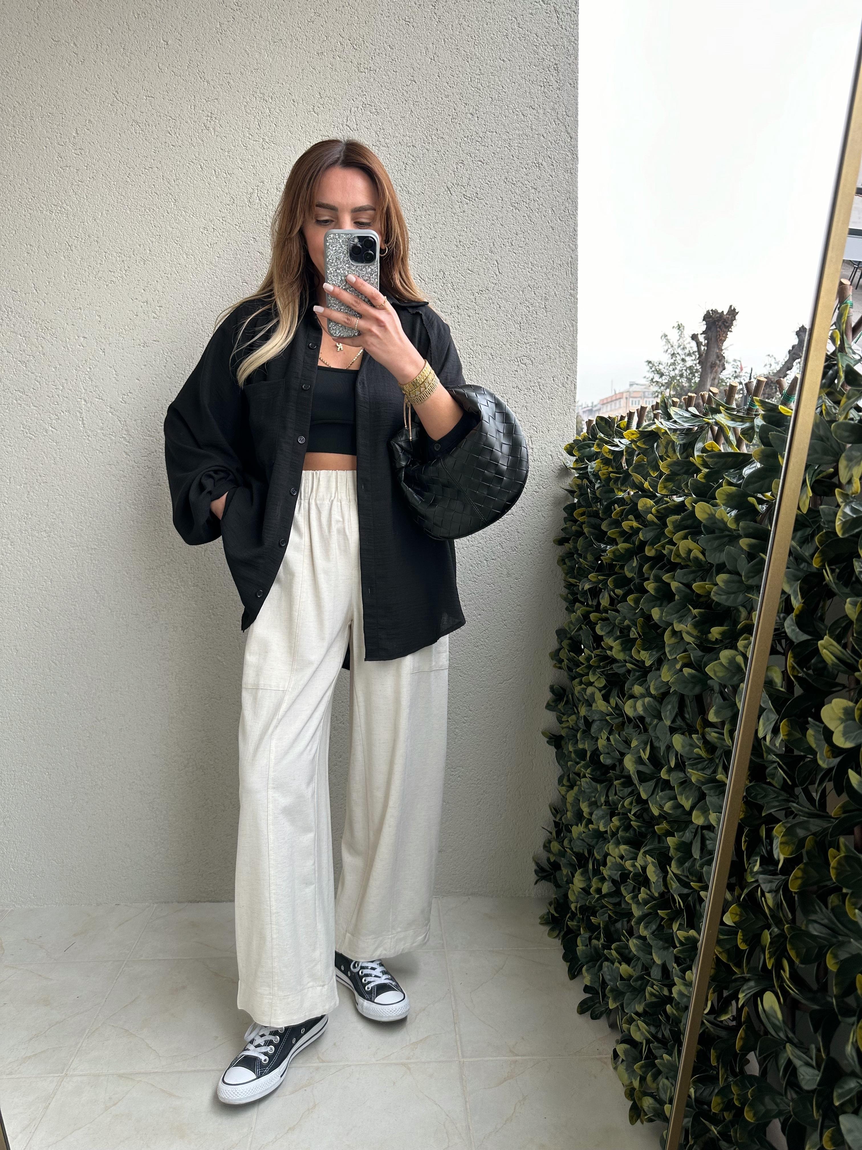 SİYAH BALON KOL OVERSIZE KETEN GÖMLEK