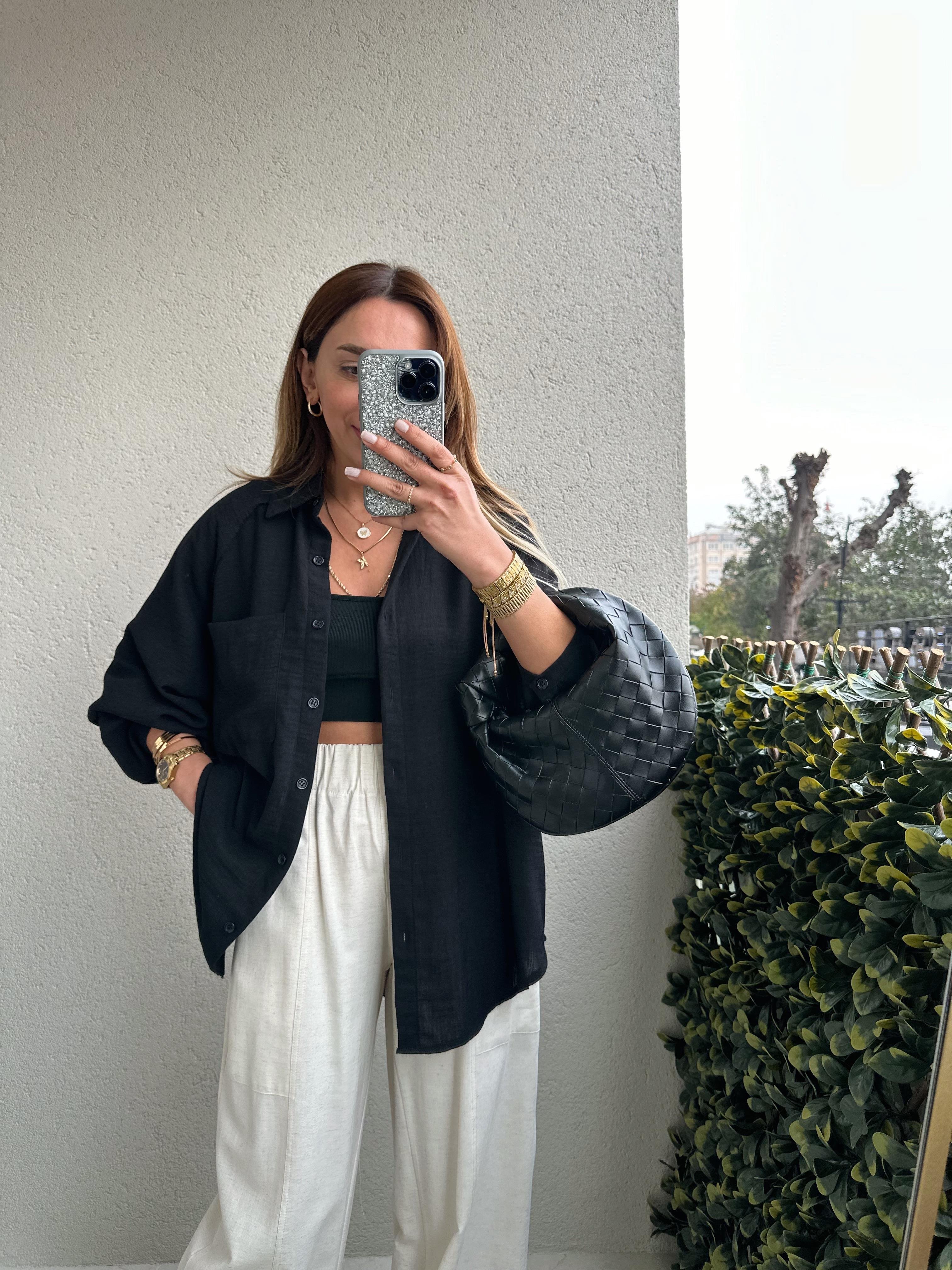 SİYAH BALON KOL OVERSIZE KETEN GÖMLEK