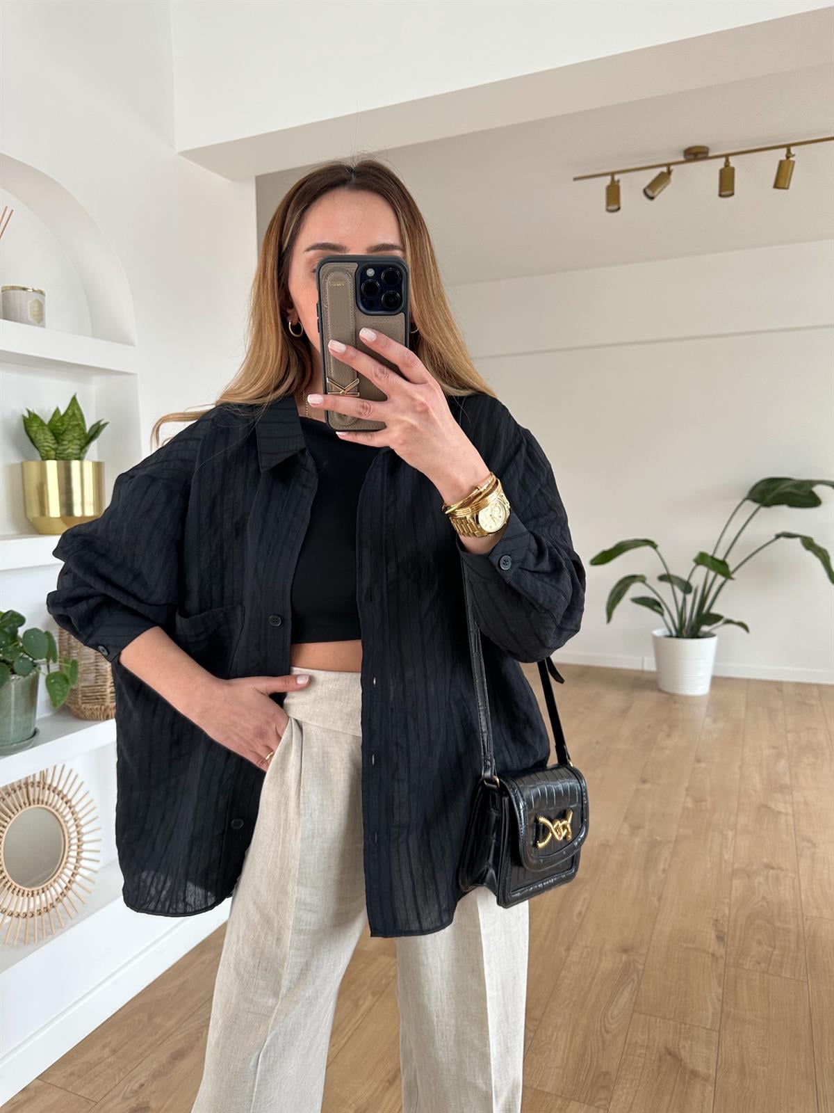 SİYAH ÇİZGİLİ TENSEL OVERSIZE GÖMLEK