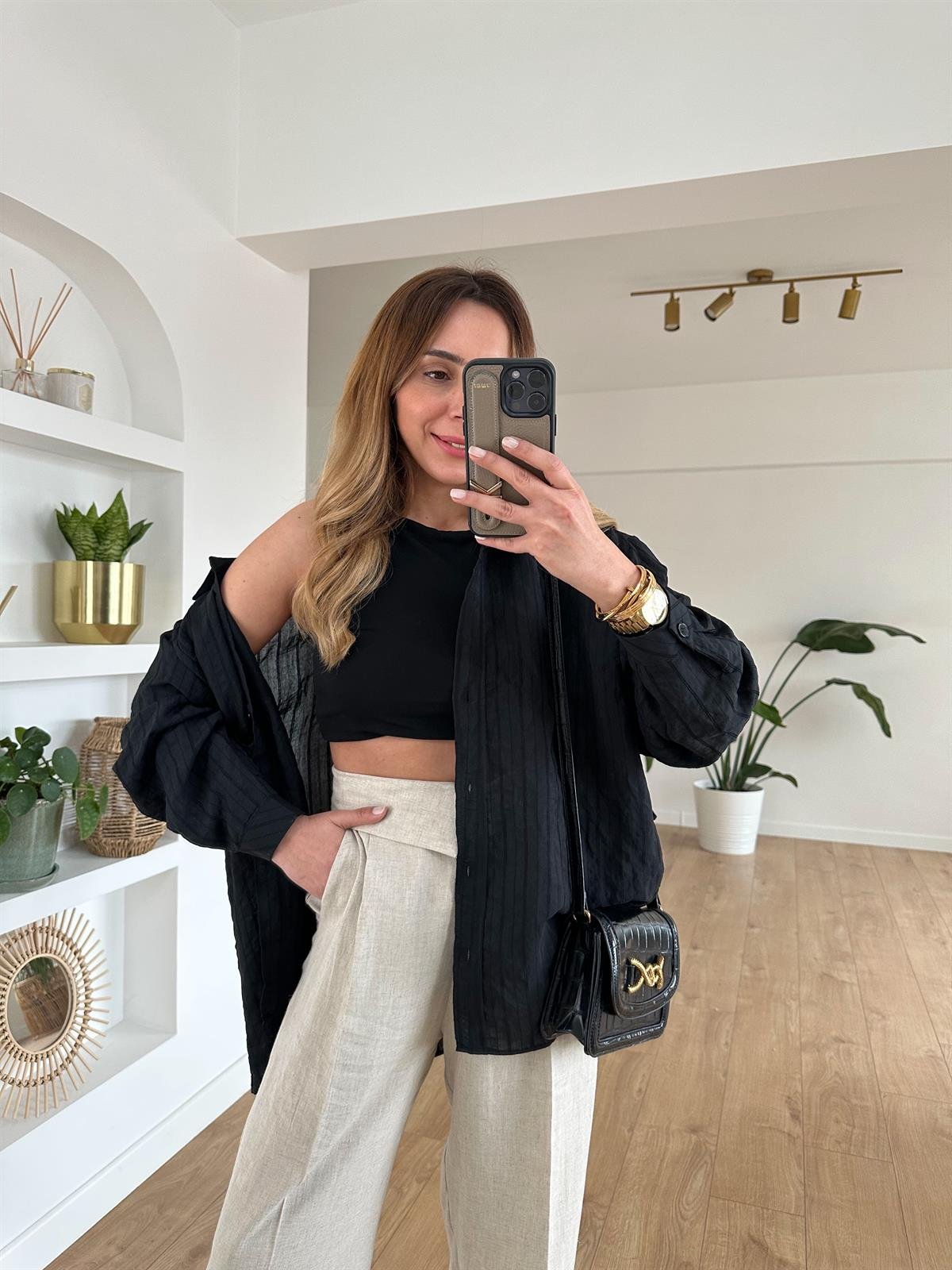 SİYAH ÇİZGİLİ TENSEL OVERSIZE GÖMLEK