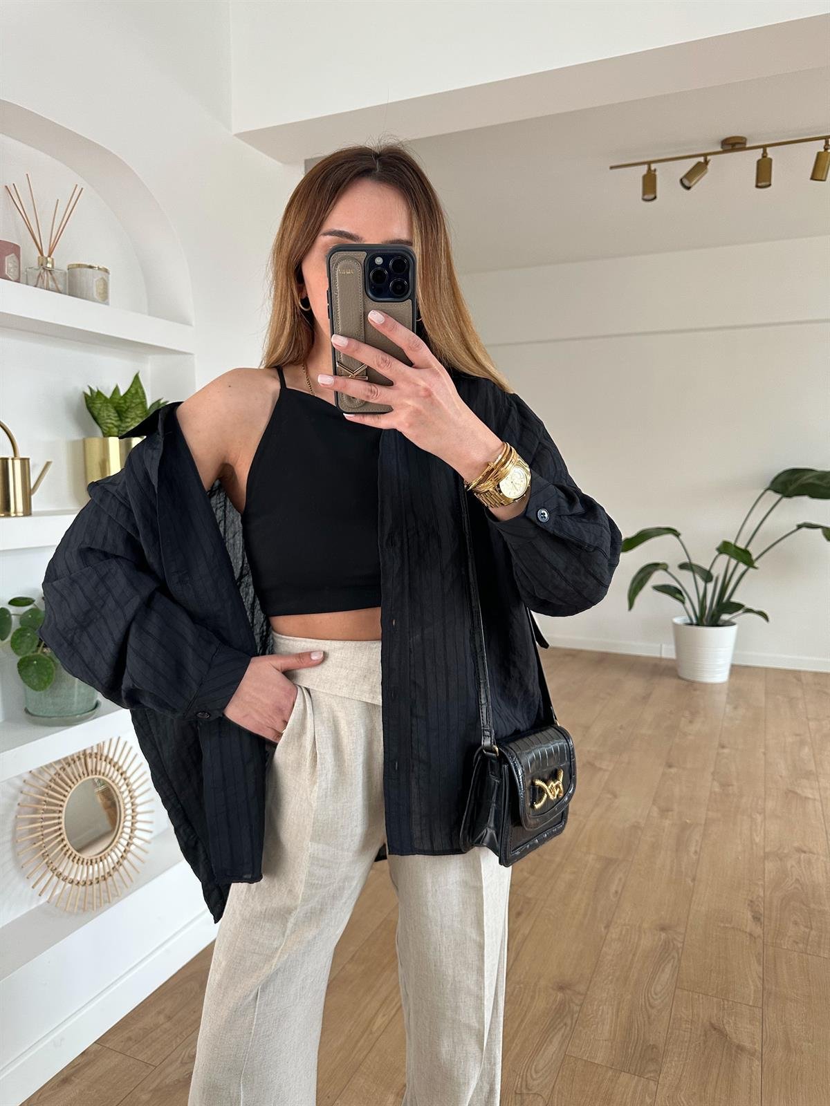 SİYAH ÇİZGİLİ TENSEL OVERSIZE GÖMLEK
