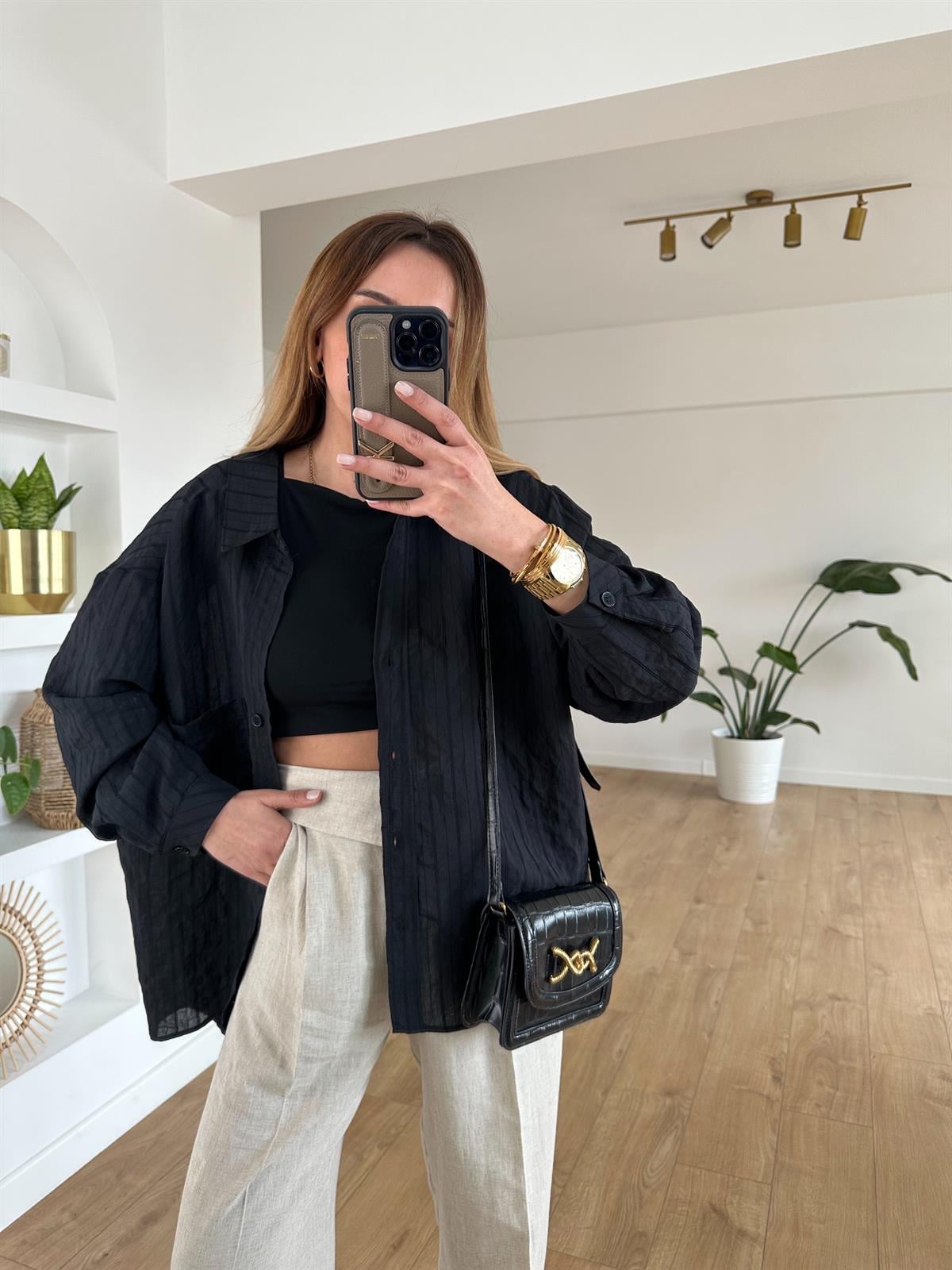 SİYAH ÇİZGİLİ TENSEL OVERSIZE GÖMLEK