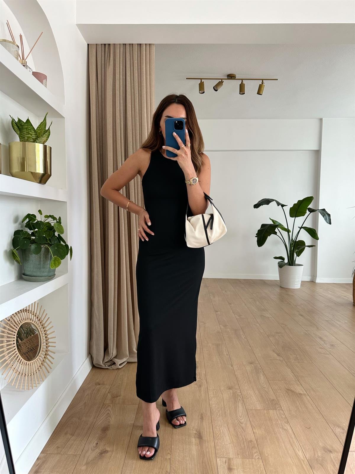 SİYAH HALTER YAKA FİTİLLİ BASIC ELBİSE