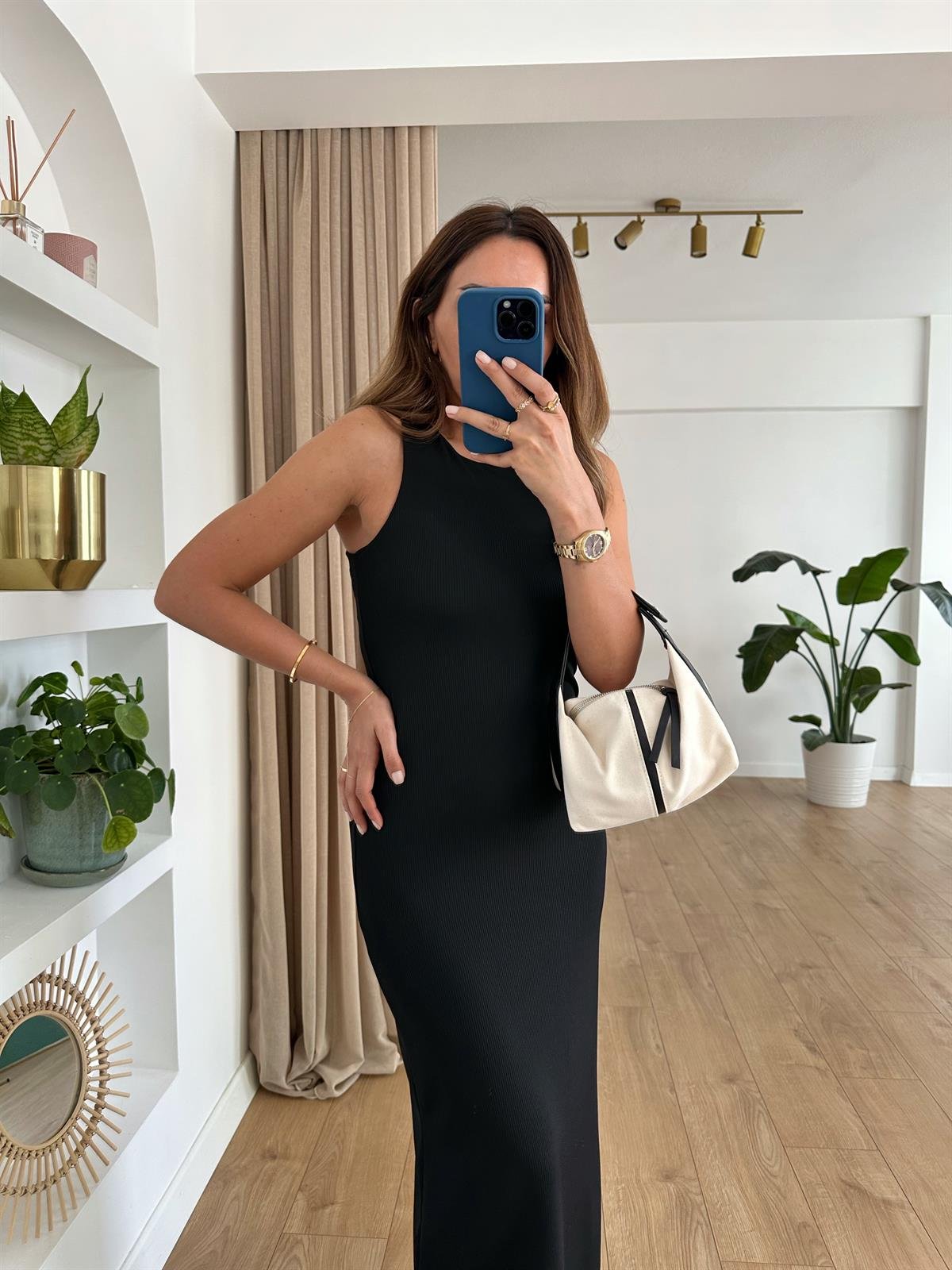 SİYAH HALTER YAKA FİTİLLİ BASIC ELBİSE