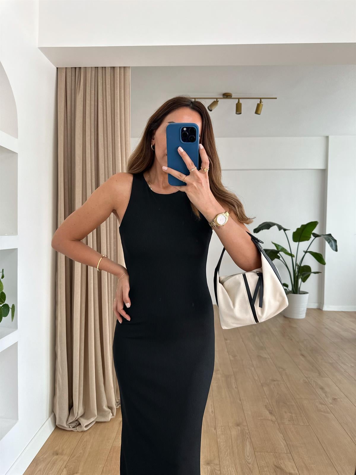 SİYAH HALTER YAKA FİTİLLİ BASIC ELBİSE