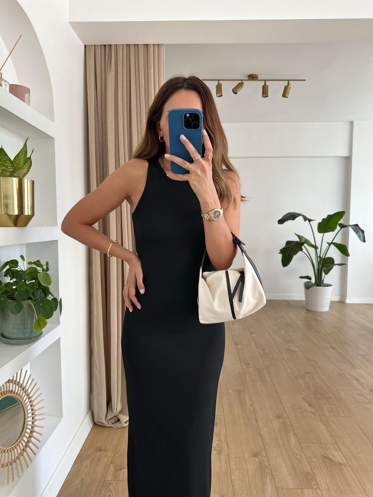 SİYAH HALTER YAKA FİTİLLİ BASIC ELBİSE
