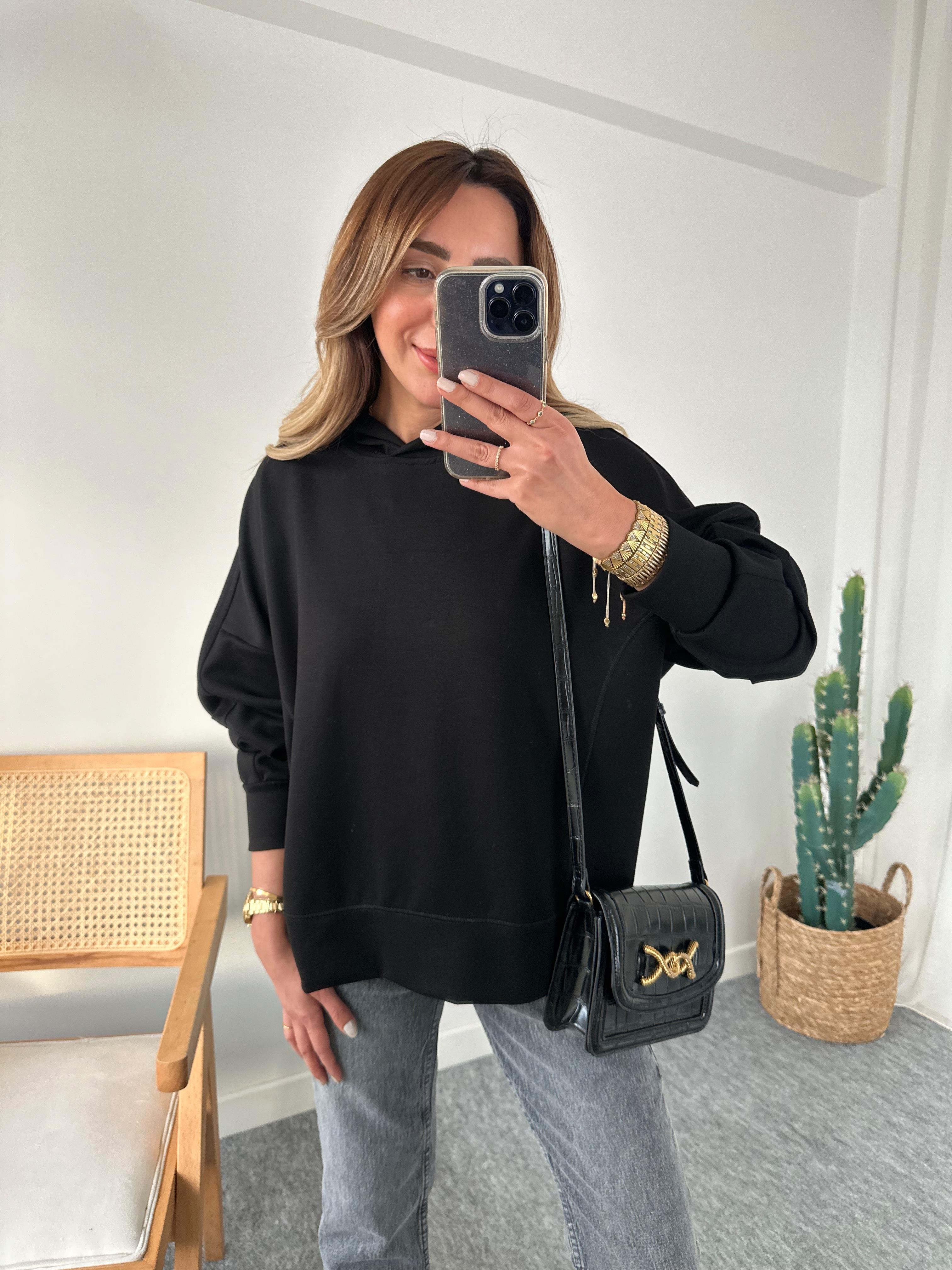 SİYAH KAPUSONLU MODAL SWEAT