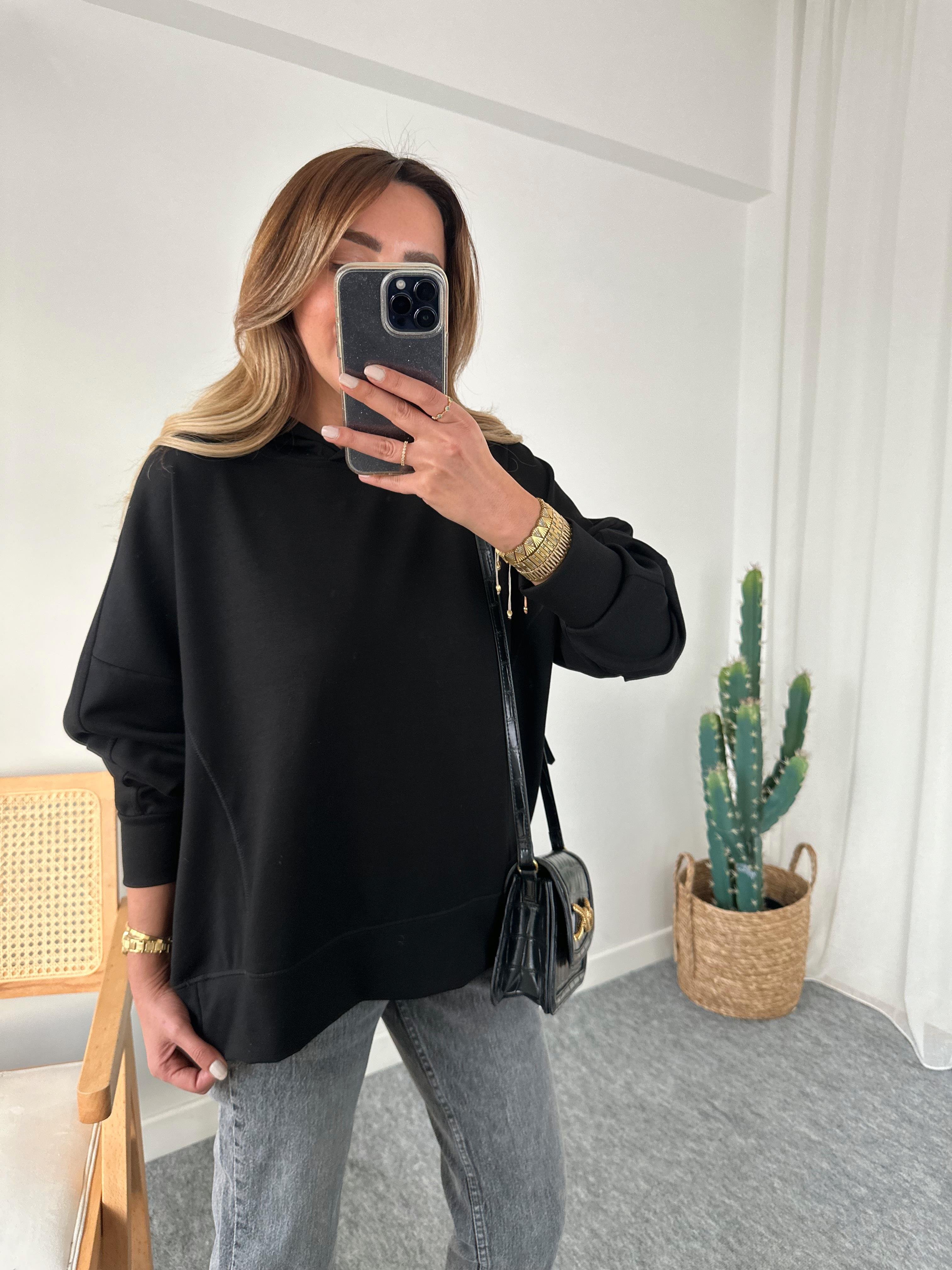 SİYAH KAPUSONLU MODAL SWEAT