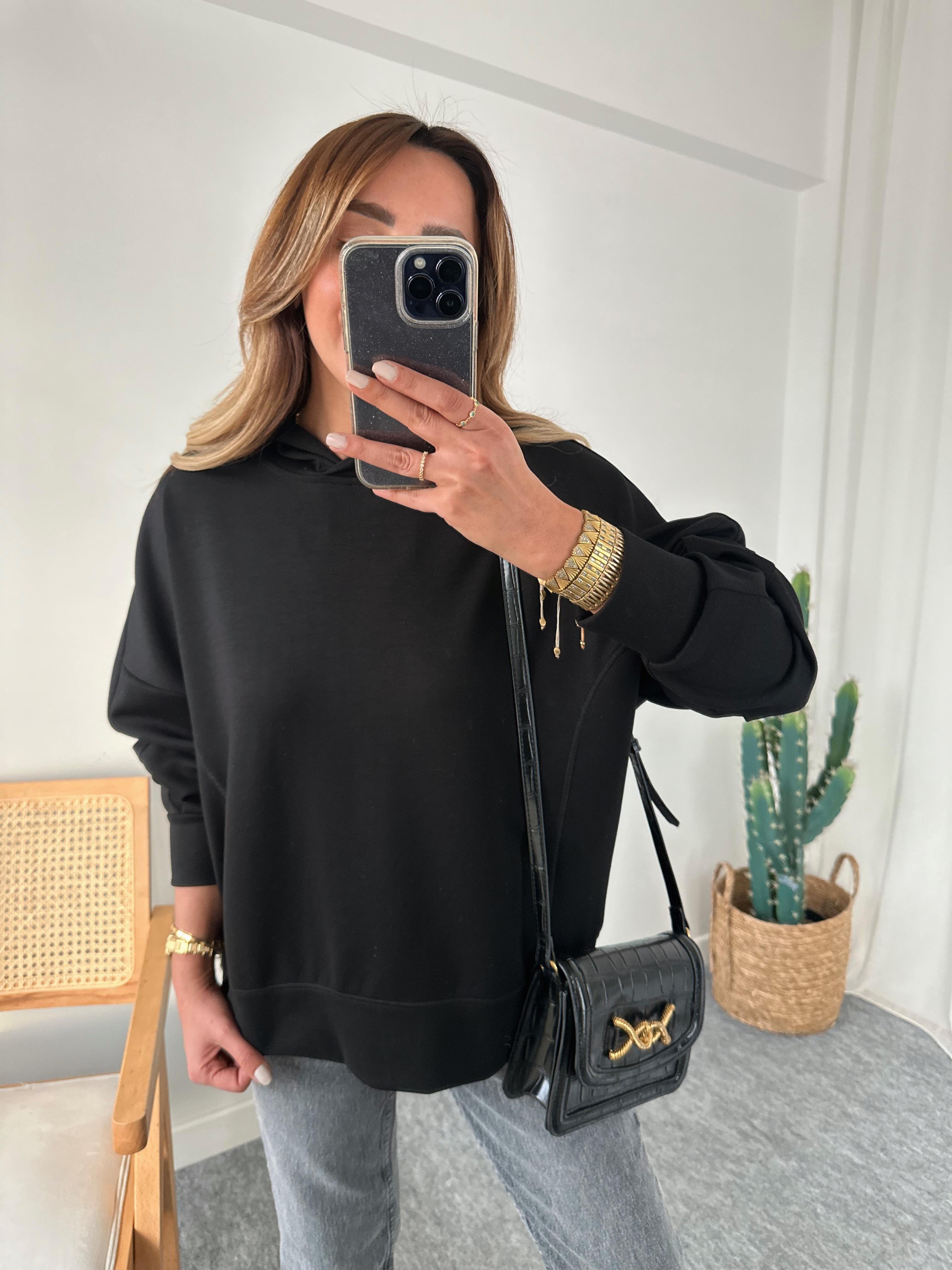 SİYAH KAPUSONLU MODAL SWEAT