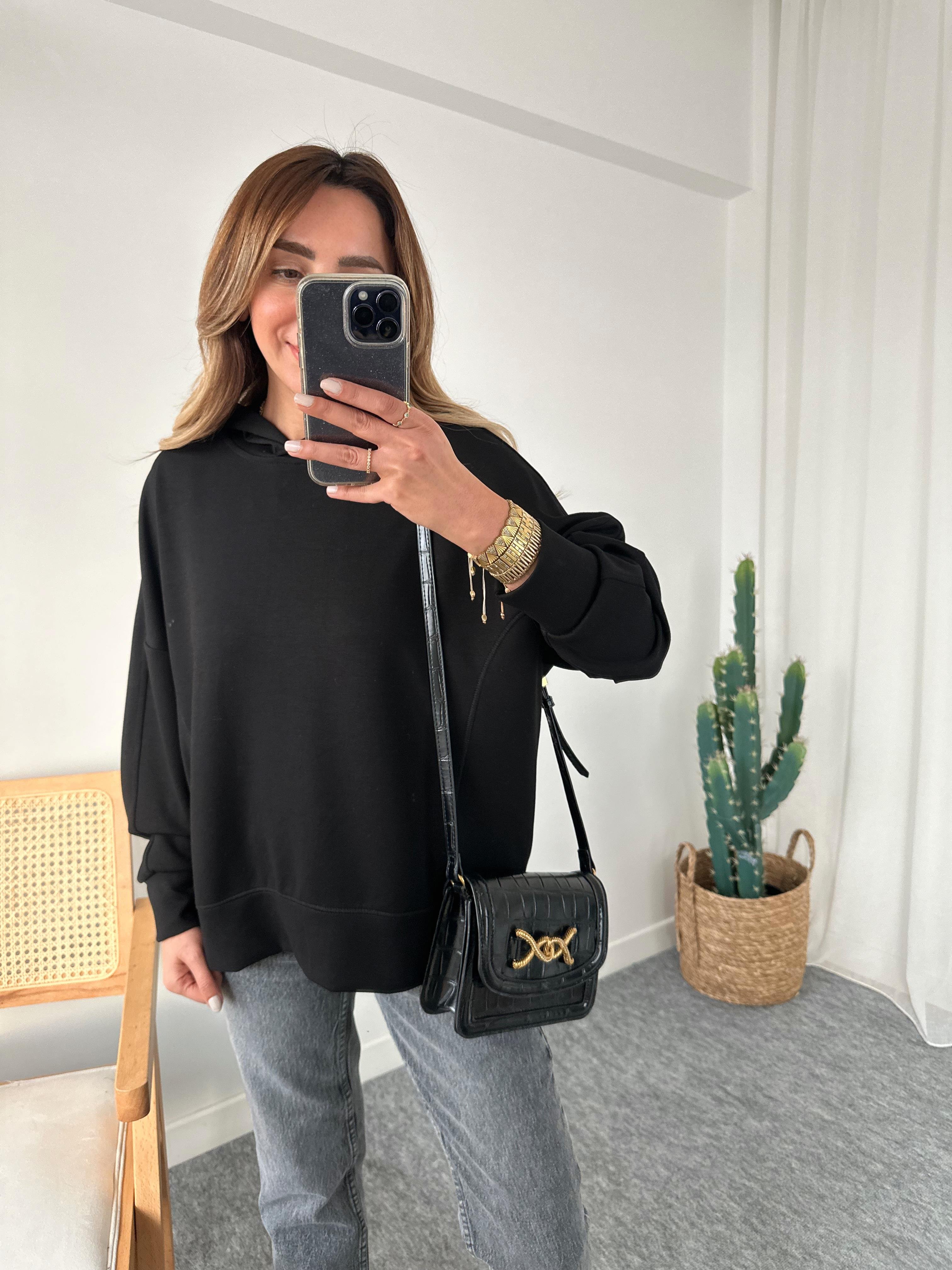 SİYAH KAPUSONLU MODAL SWEAT
