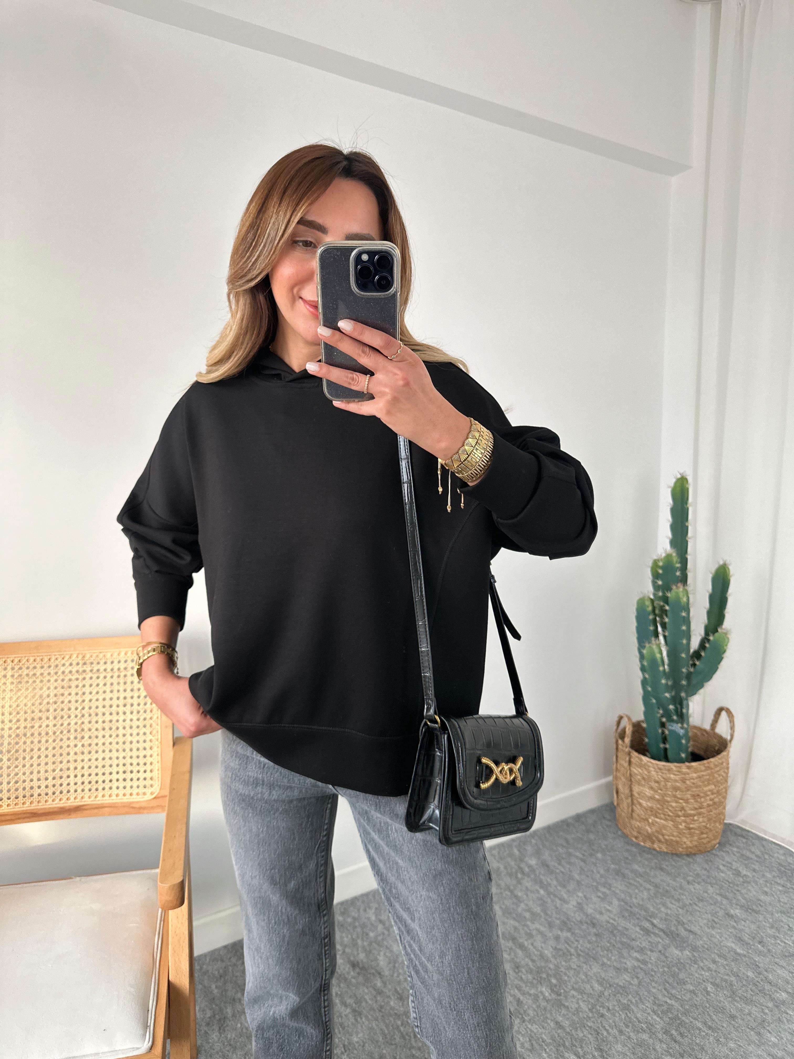 SİYAH KAPUSONLU MODAL SWEAT
