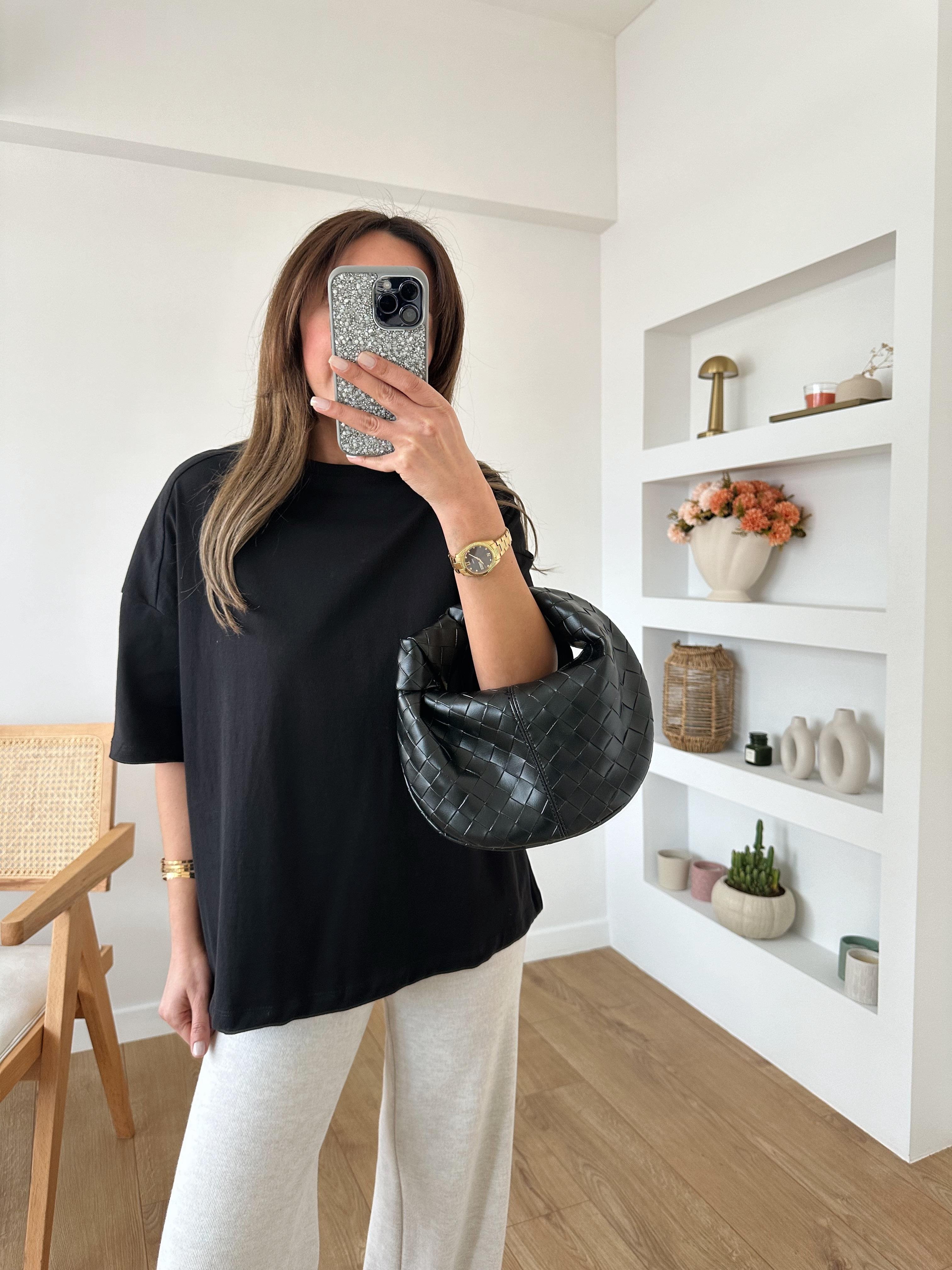 SİYAH OVERSIZE %100 PAMUK OMZU ŞERİTLİ TİŞÖRT