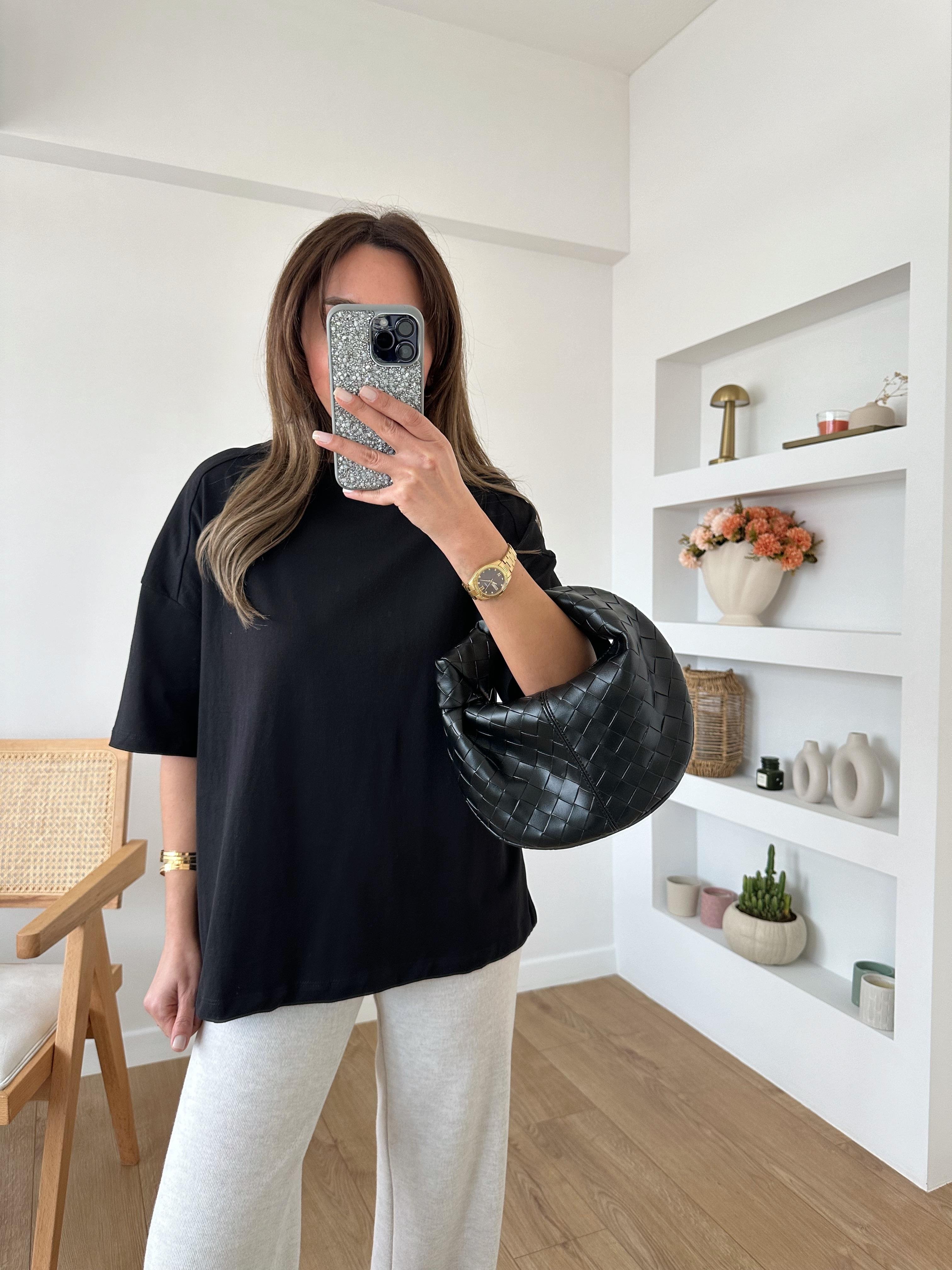 SİYAH OVERSIZE %100 PAMUK OMZU ŞERİTLİ TİŞÖRT