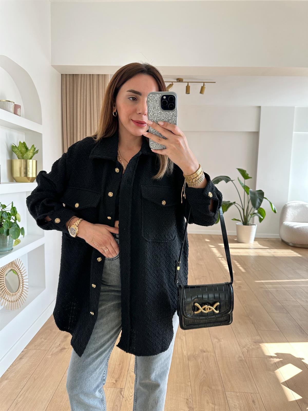 SİYAH TÜVİT KUMAŞ OVERSIZE GÖMLEK