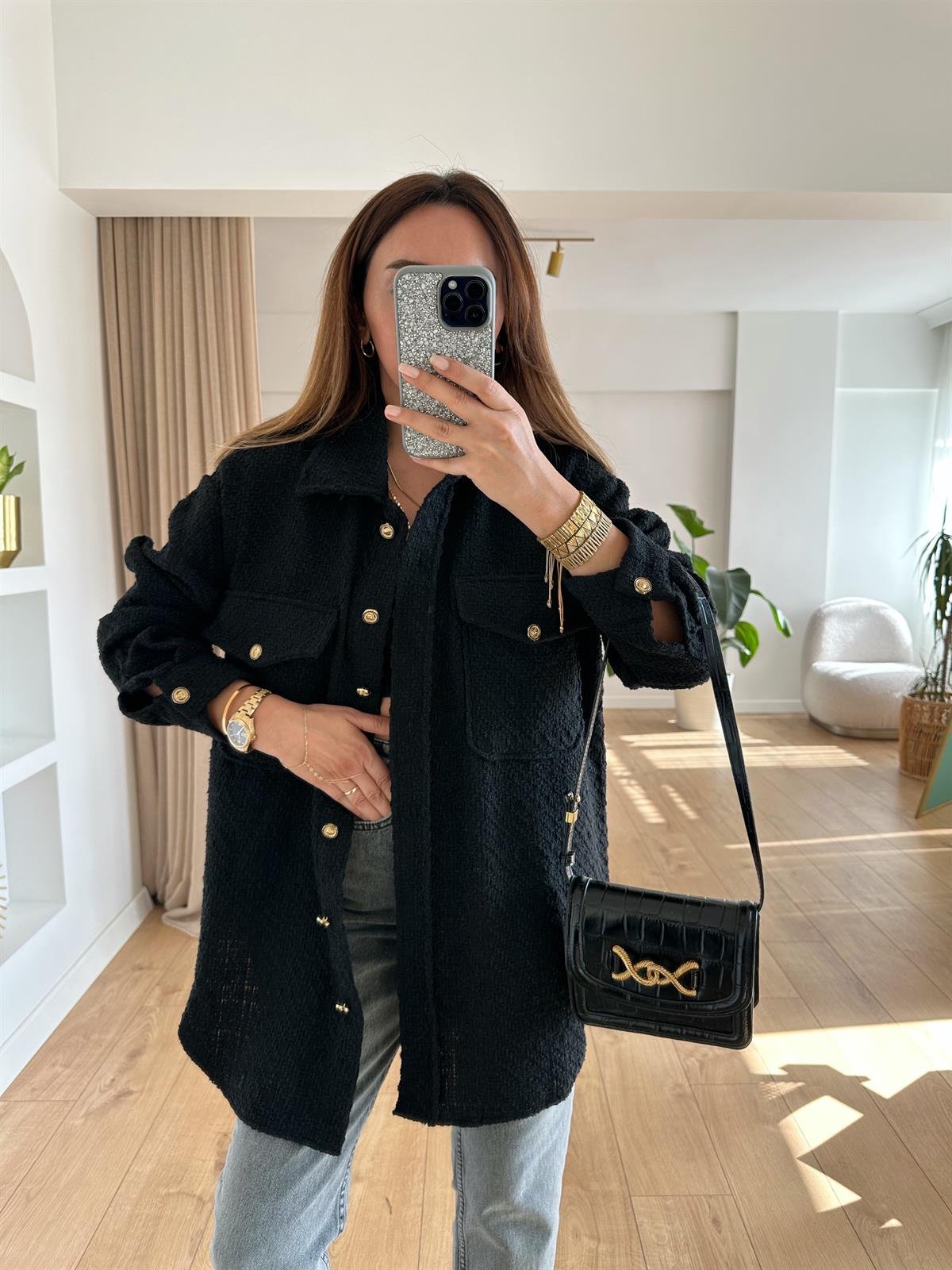 SİYAH TÜVİT KUMAŞ OVERSIZE GÖMLEK