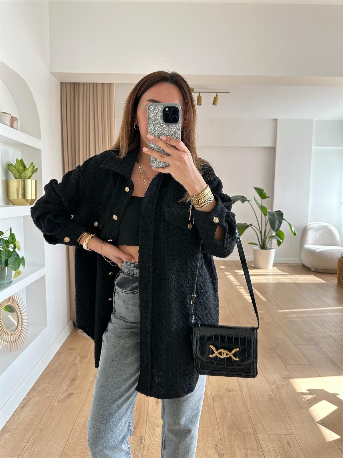 SİYAH TÜVİT KUMAŞ OVERSIZE GÖMLEK