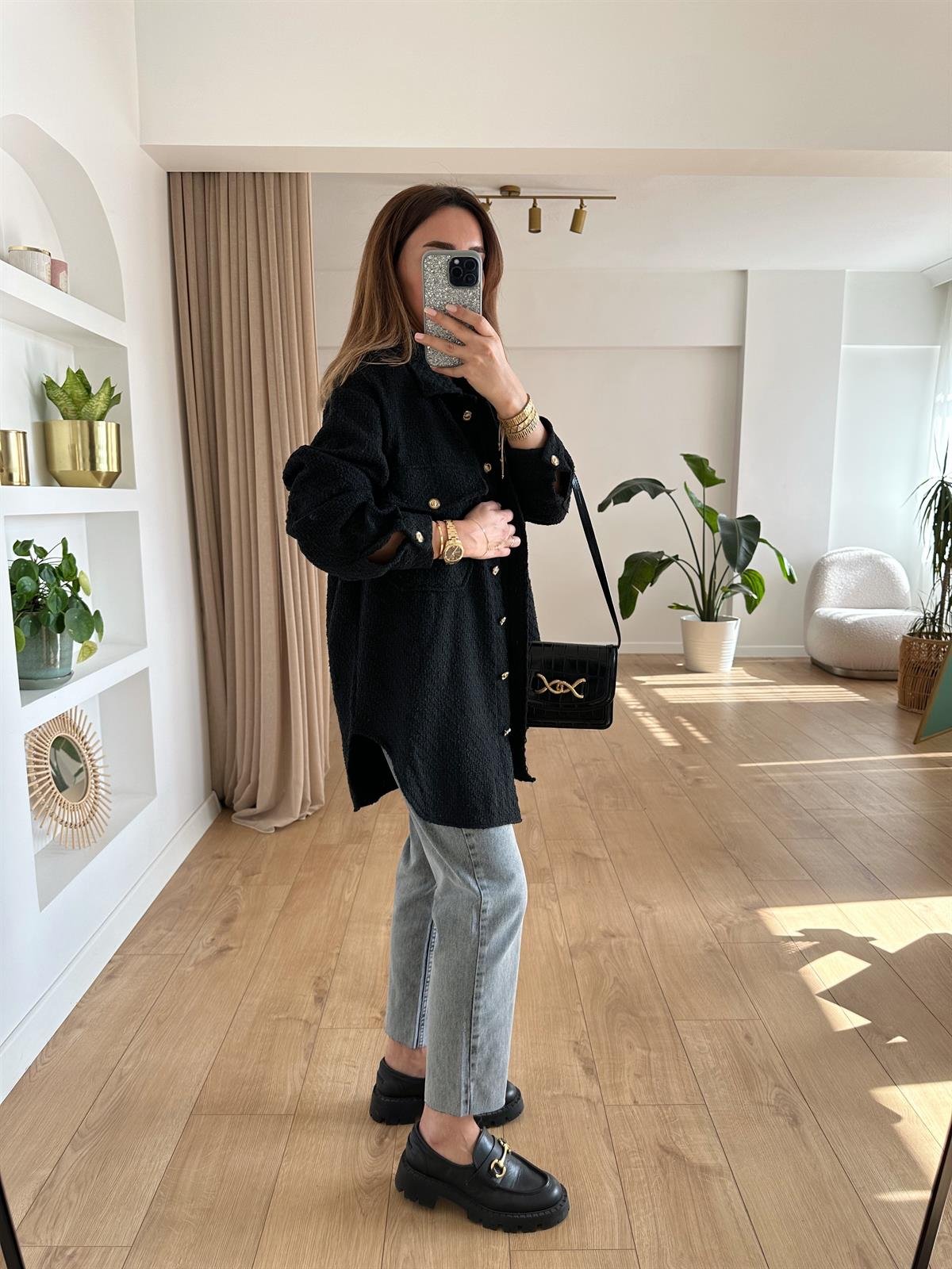 SİYAH TÜVİT KUMAŞ OVERSIZE GÖMLEK