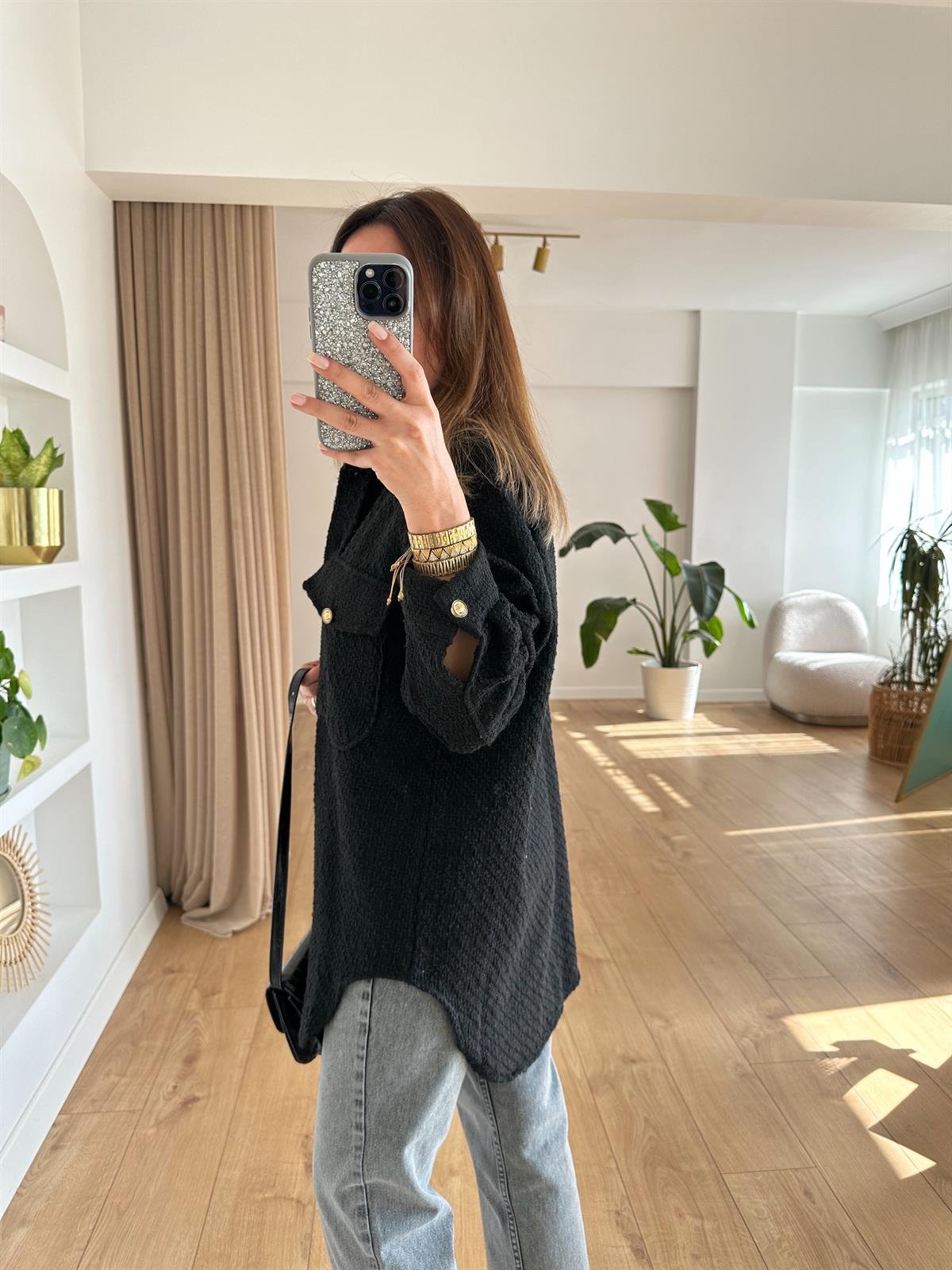 SİYAH TÜVİT KUMAŞ OVERSIZE GÖMLEK