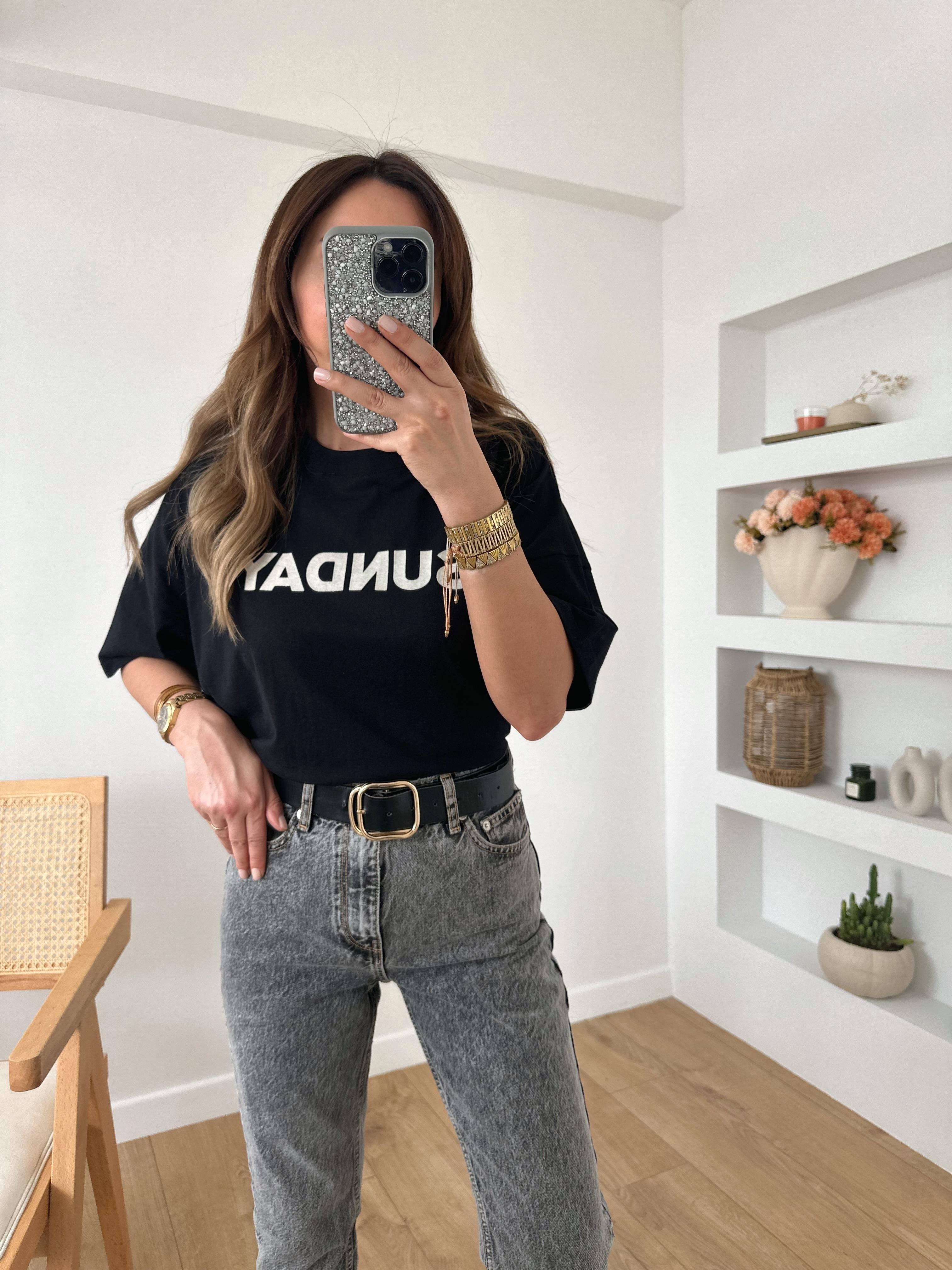 SUNDAY SİYAH OVERSIZE PAMUKLU TİŞÖRT