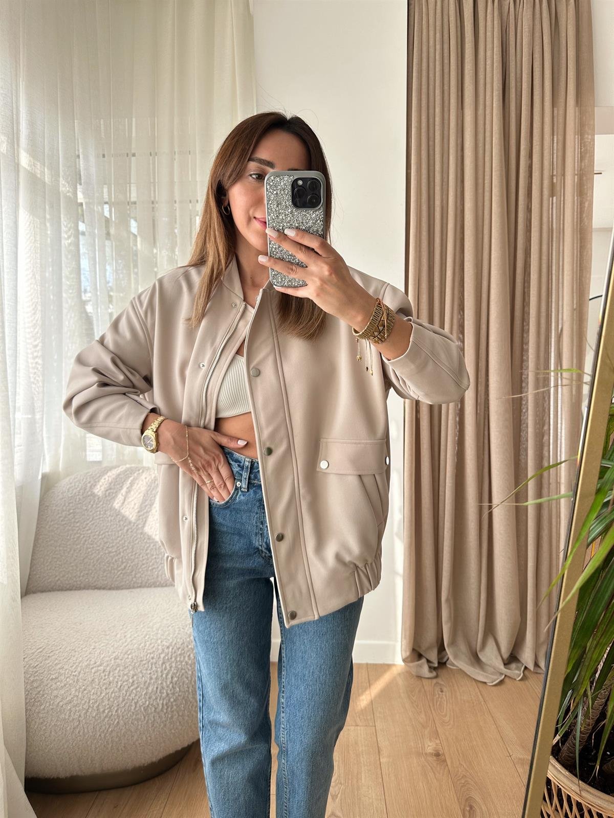 TAŞ RENGİ ASTARLI KALIN BOMBER CEKET