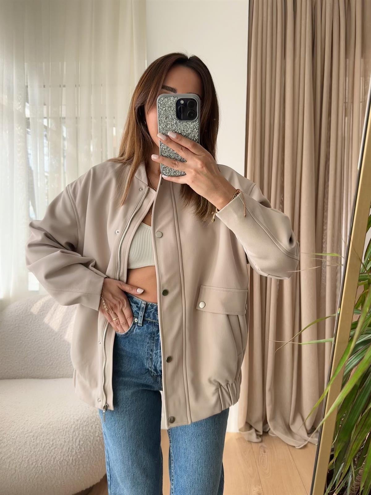 TAŞ RENGİ ASTARLI KALIN BOMBER CEKET
